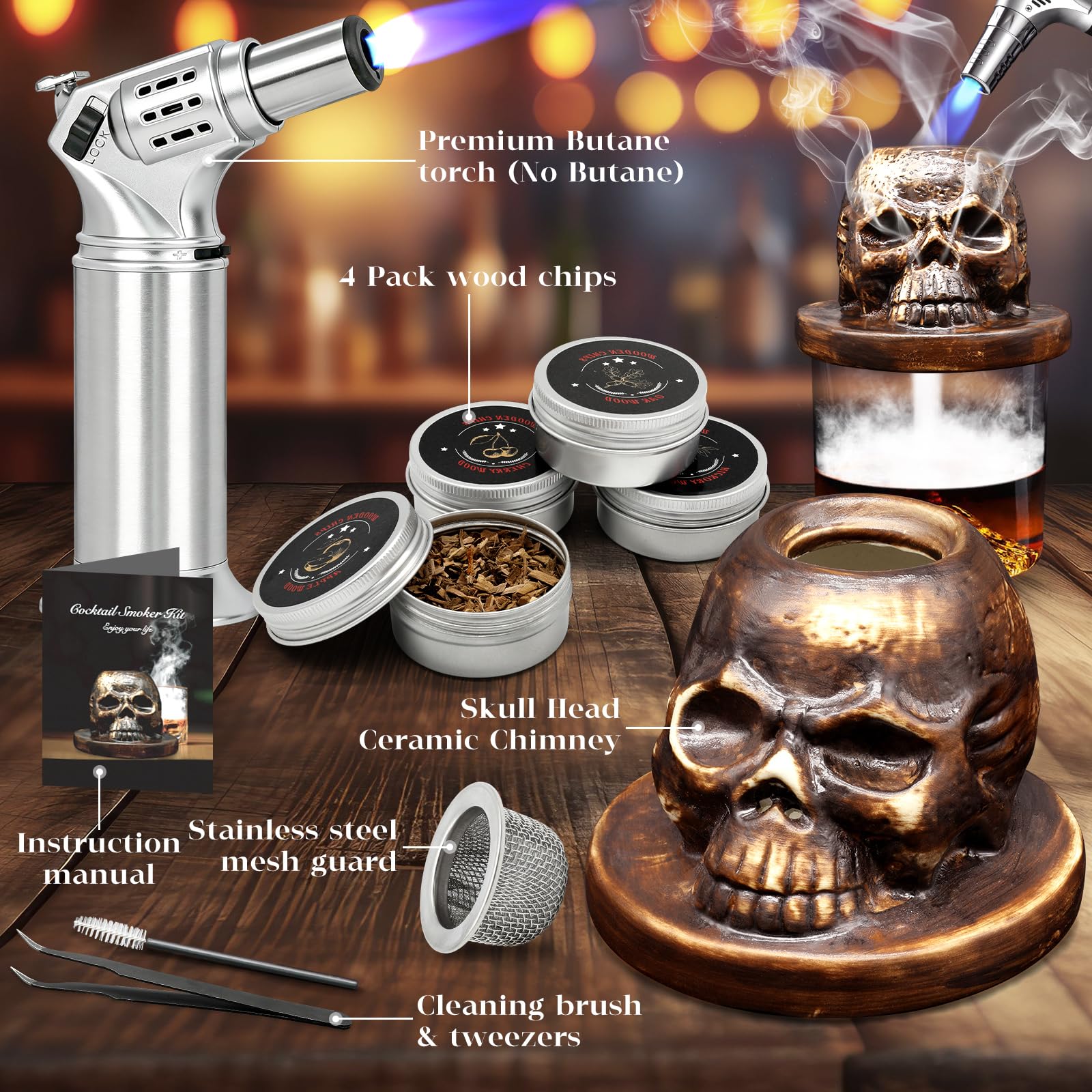 Kit affumicatore antico kit smokey bourbon con 4 patatine di legno aromatizzate torcia (senza butano), kit da bar cocktail affumicato, regalo per gli amanti del whisky, papà, marito,