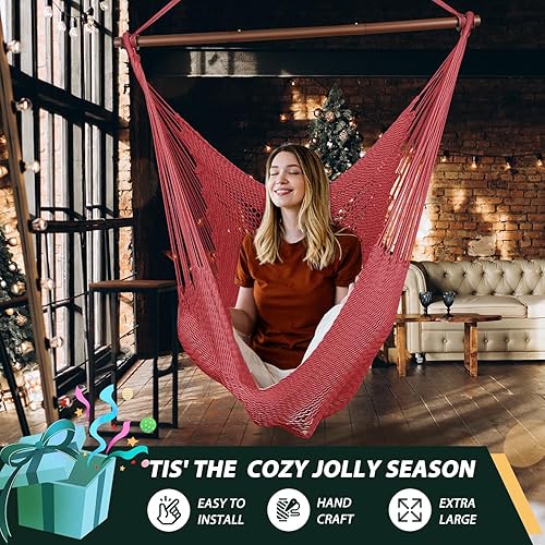 Miniatura 2 de Silla hamaca caribeña mejorada con barra de metal desmontable, hamaca grande, silla colgante de cuerda XL para interiores y exteriores, capacidad