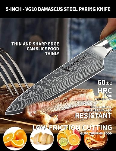 Miniatura 8 de SANMUZUO Cuchillo de cocina de 5 pulgadas cuchillos de cocina de la serie Xuan acero de Damasco VG10 con mango de resina naranja fantasía