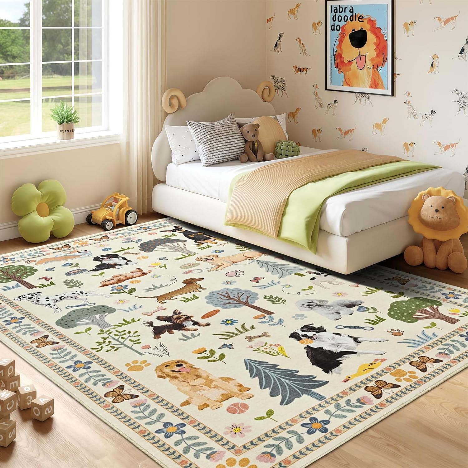 ST. BRIDGE Beige Living Room Rug 4x6 Rug, Non Slip Stain Resistant Washable Low Pile Carpet, Soft Thin Floral Dog Print Area Rugs, Floor Mat for Bedroom Farmhouse Dining Room Kids Room Home Decor