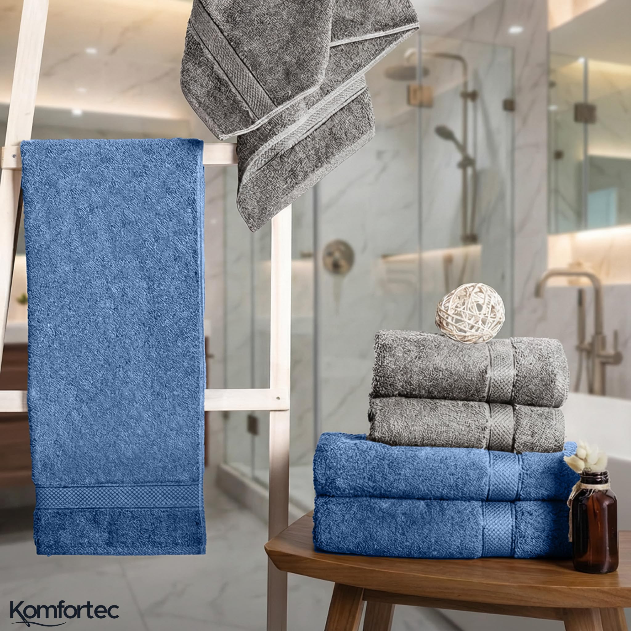 Komfortec Lot de 8 Serviettes 100% Coton, 4 Serviettes de Bain de 70 x 140 cm et 4 Serviettes de Toilette de 50 x 100 cm, éponge Douce, Grande Taille, Anthracite/Bleu Clair