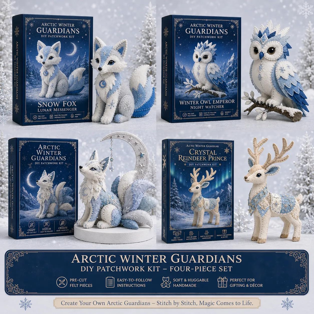 Arctic Winter Guardians zestaw patchworkowy DIY, seria Arctic Winter Series, filcowy zestaw do szycia, fantazyjne rzemiosło dla początkujących, zestaw do majsterkowania do dekoracji domu i dla