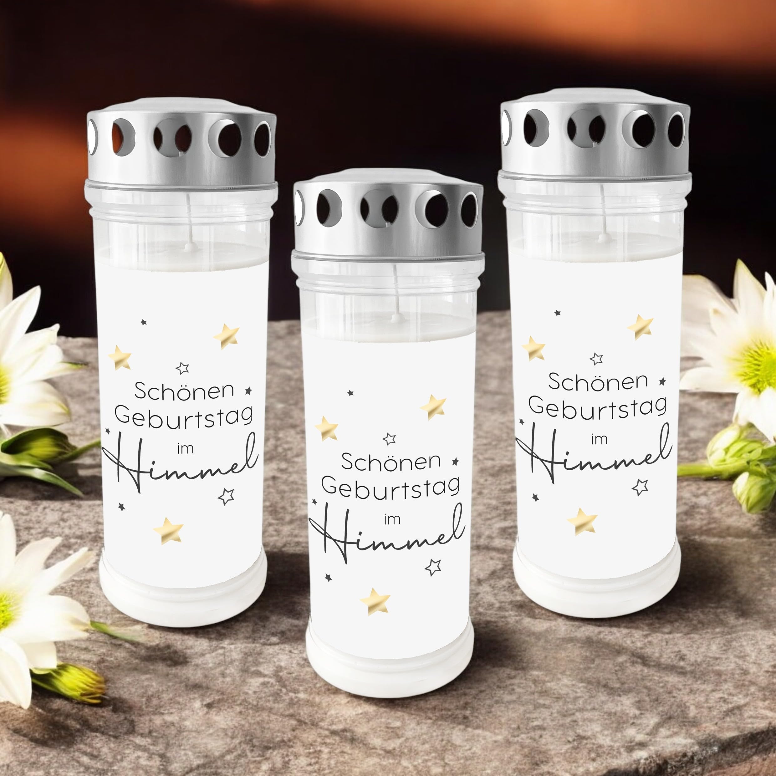 Grablicht 'Schönen Geburtstag im Himmel' | 7-Tagebrenner | Grabdekoration für eine Gedenkstätte | Trauerkerze | UV-Beständig | 21cm