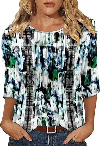 KISSMODA Tunic Tops for Women Loose Fit Dressy Round Neck Pleated 3/4 Length Sleeve Spring Tops