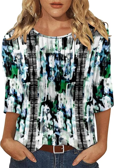KISSMODA Tunic Tops for Women Loose Fit Dressy Round Neck Pleated 3/4 Length Sleeve Spring Tops