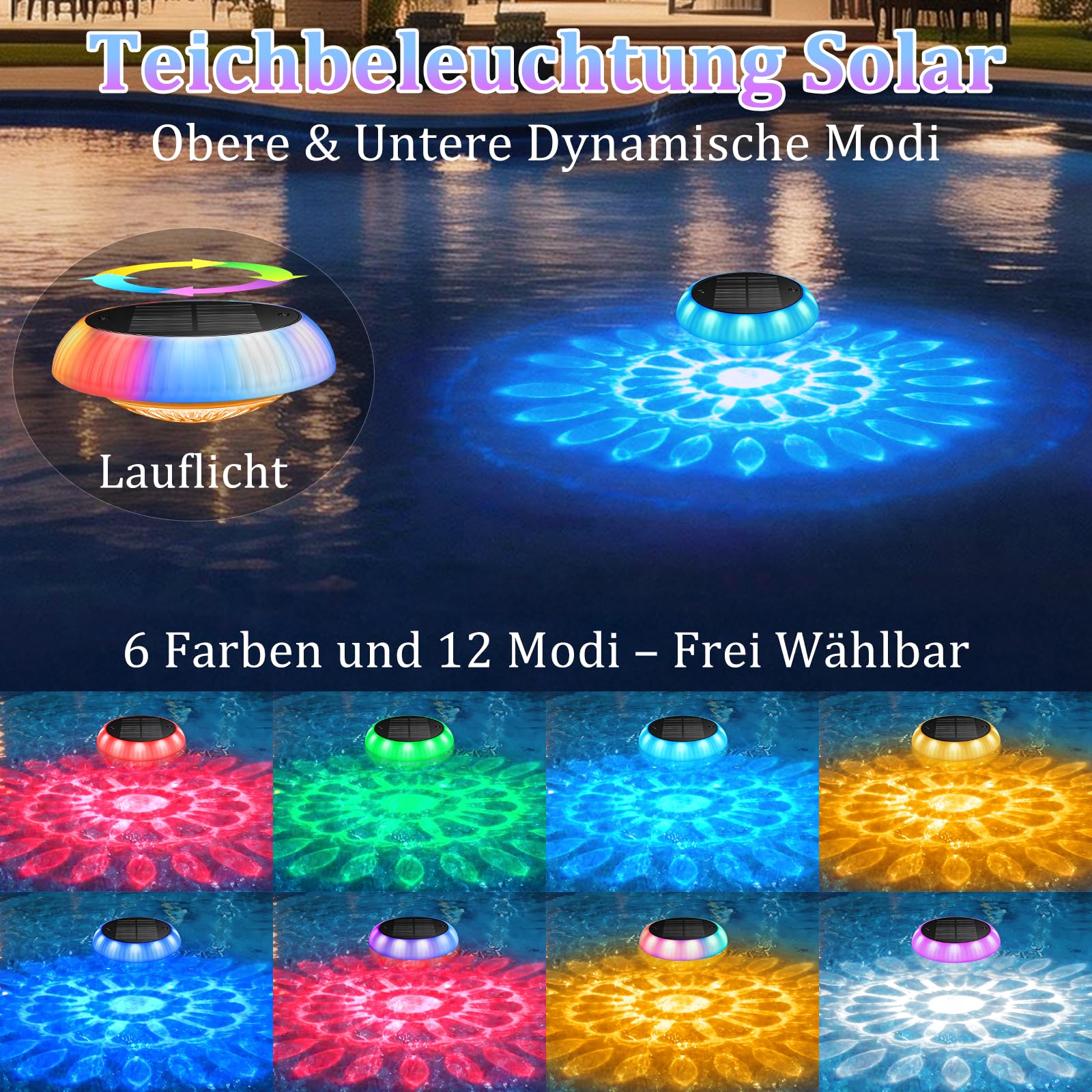 Toowell Solar Poolbeleuchtung Unterwasser,Wasserdicht Poolbeleuchtung Solar Pool Licht,Fernbedienung,RGB,Timer,6 Farben,12 Modi Pool Lichter Unterwasser Pool Beleuchtung für Aufstellpool,1 Stück