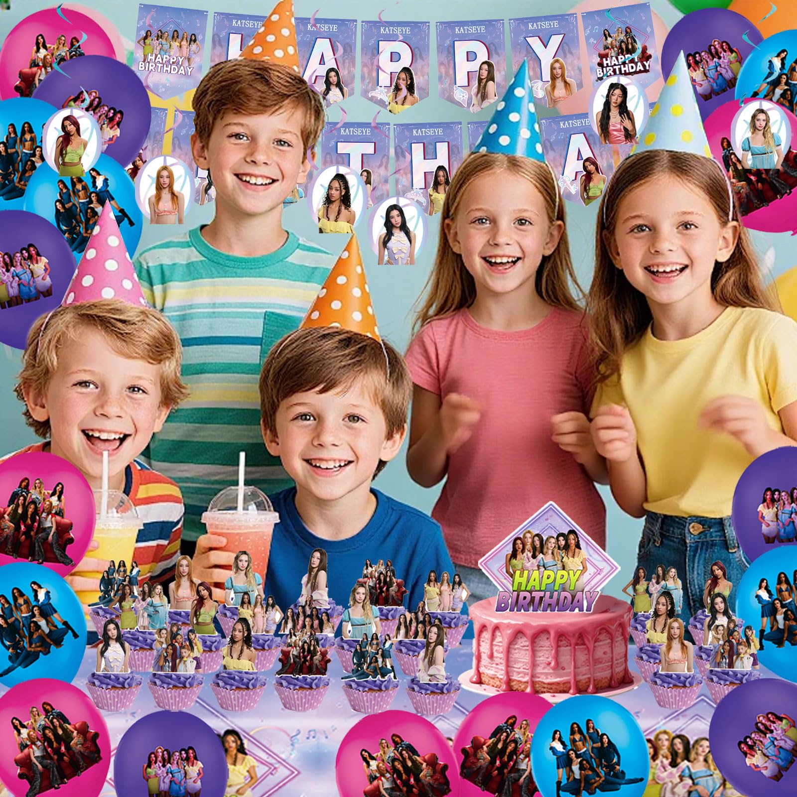 Set di decorazioni per compleanno a tema Katseye da 51 pezzi, Comprensivo di striscione, Decorazioni per torta, Tovaglia, Palloncini, ideale per feste di compleanno di bambini e appassionati