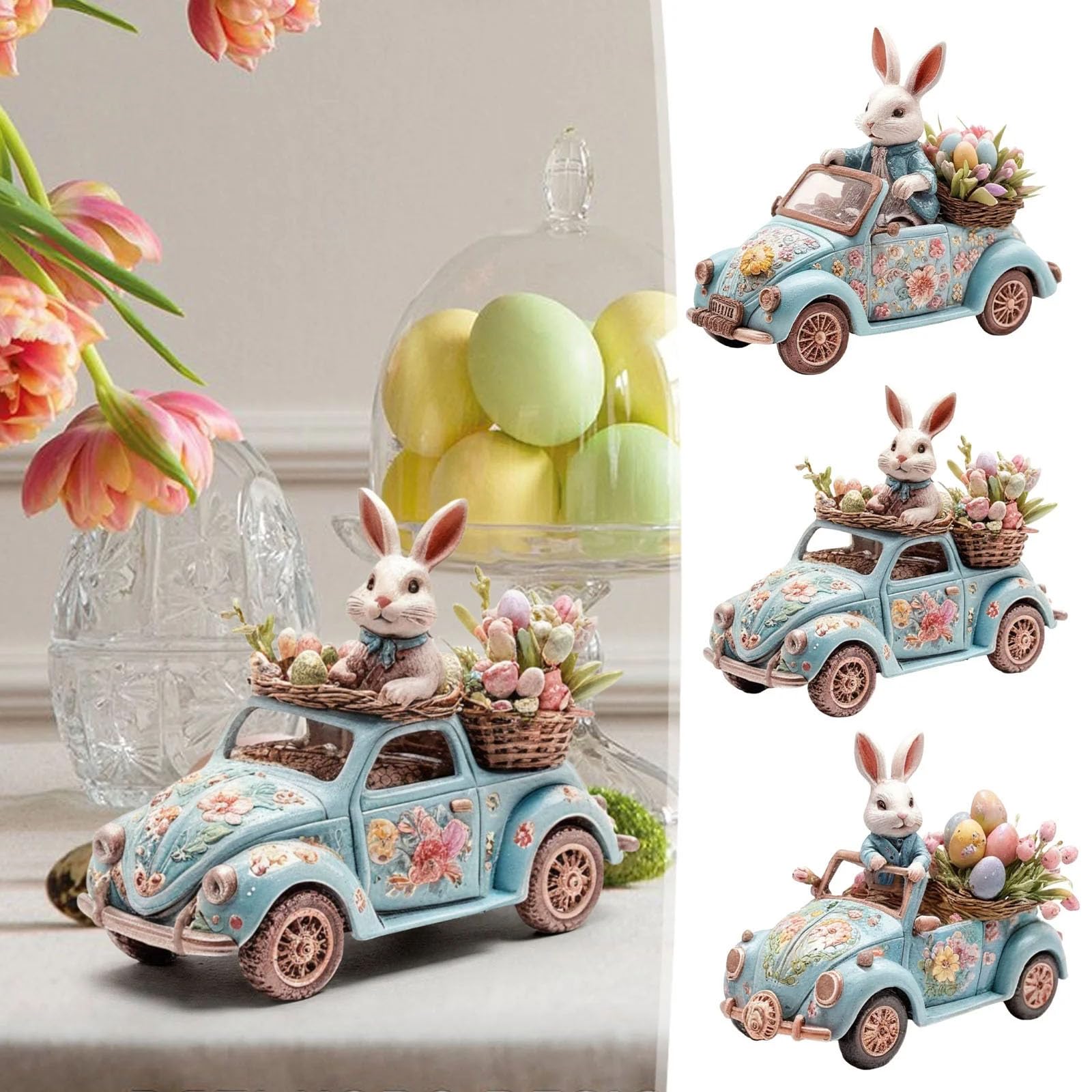 2D Easter Bunny Driving Car Figurine, Acrylic Tabletop Decoration with Floral Design, Blue Vintage Car with White Rabbit and Egg Basket, Spring Holiday Home Decor, 21x17x1cm (3PCS a Set) — view 5