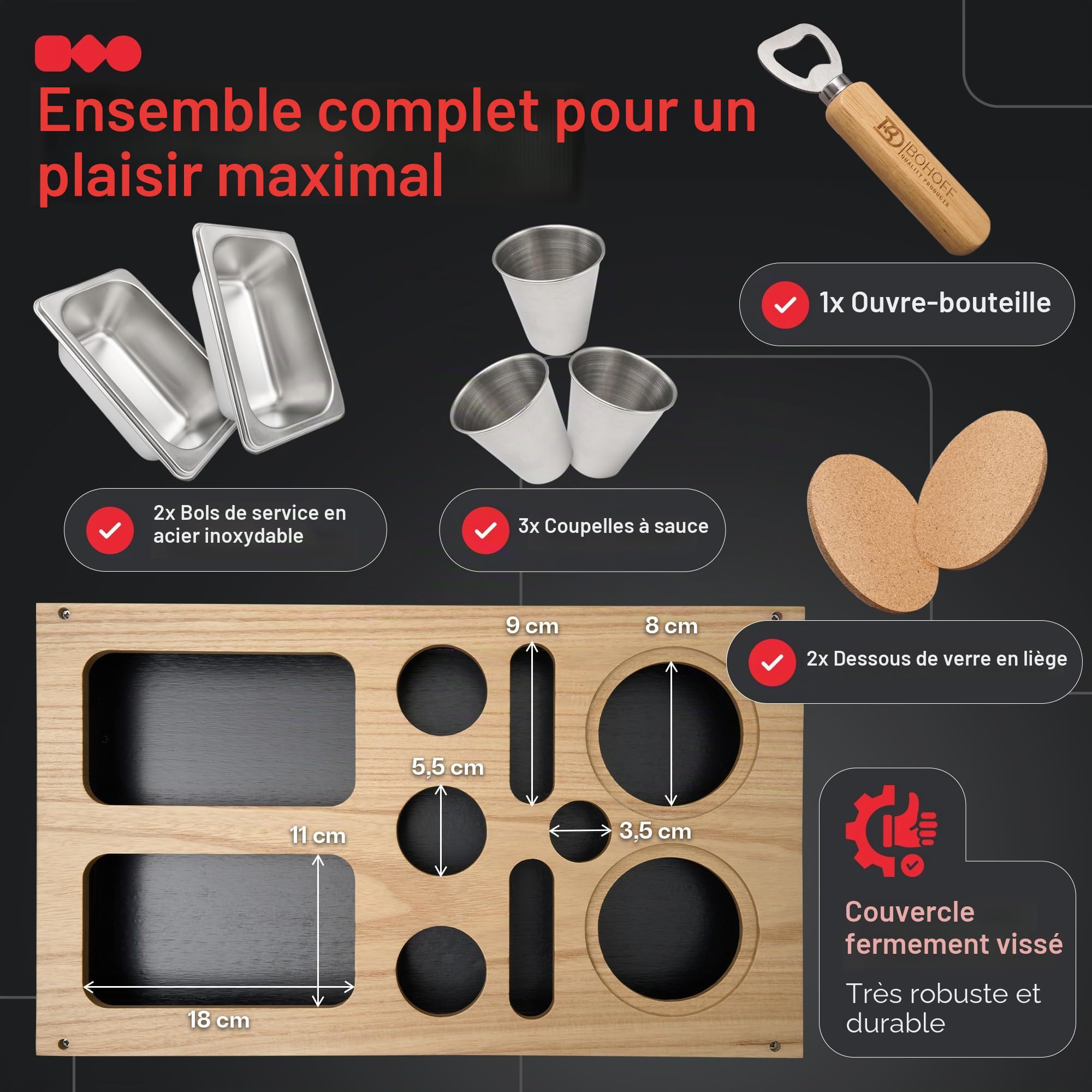Bar à canapé de qualité supérieure - Bois de kiri - 3 couleurs - 3 bols à sauce, 2 bols à collation, 2 soucoupes, 1 décapsuleur, boîte à goûter, porte-bouteilles, plateau de service (noir)