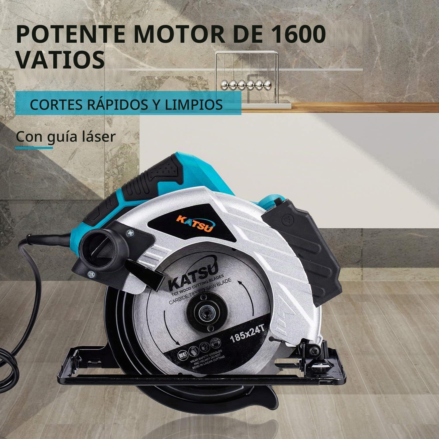 KATSU Sierra Circular 1600W 185mm con Guía Láser y 2 Discos 24T+40T, Corte 65mm (90º), 45mm (45º) para Carpintería, Corte de Madera, Metal Blando y Plástico 100793E