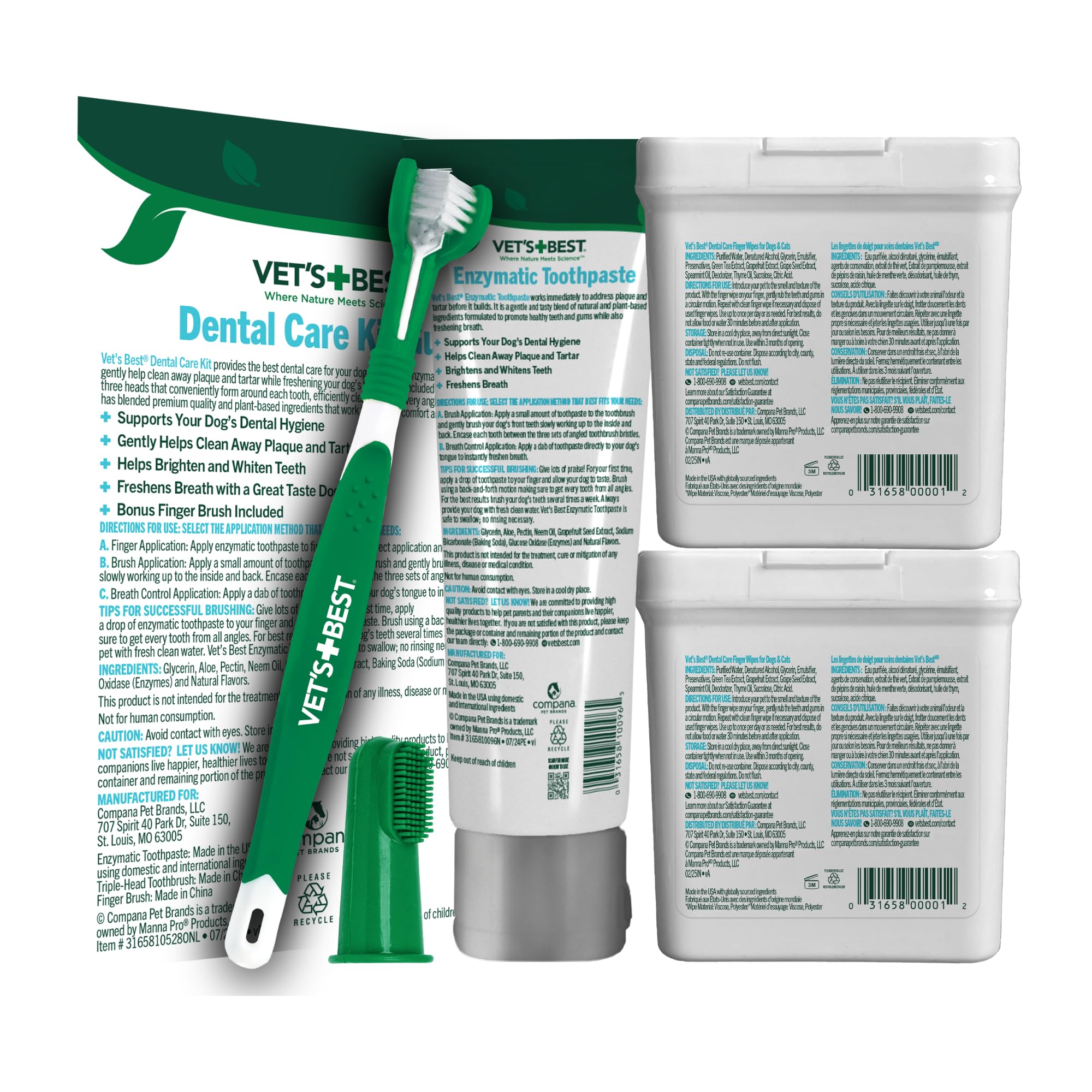 Vet's Best Kit de cuidado dental para perros y gatos – Pasta de dientes enzimática, cepillo de dientes de triple cabeza y toallitas dentales para dedos para eliminación de placa, control de sarro