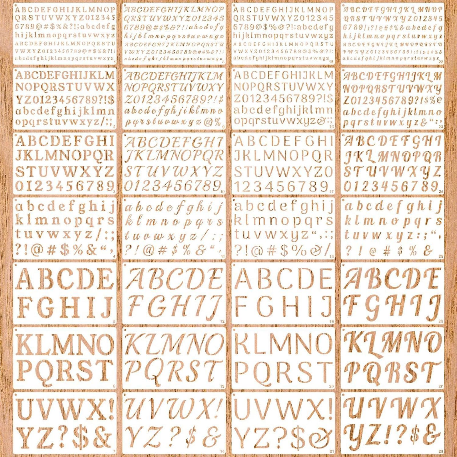 VEGCOO 28 Pcs Letter Stencils 4 Fonts 4 Sizes Alphabet Numbers Symbols PET Reusable for Painting on Wood Wall Canvas Craft