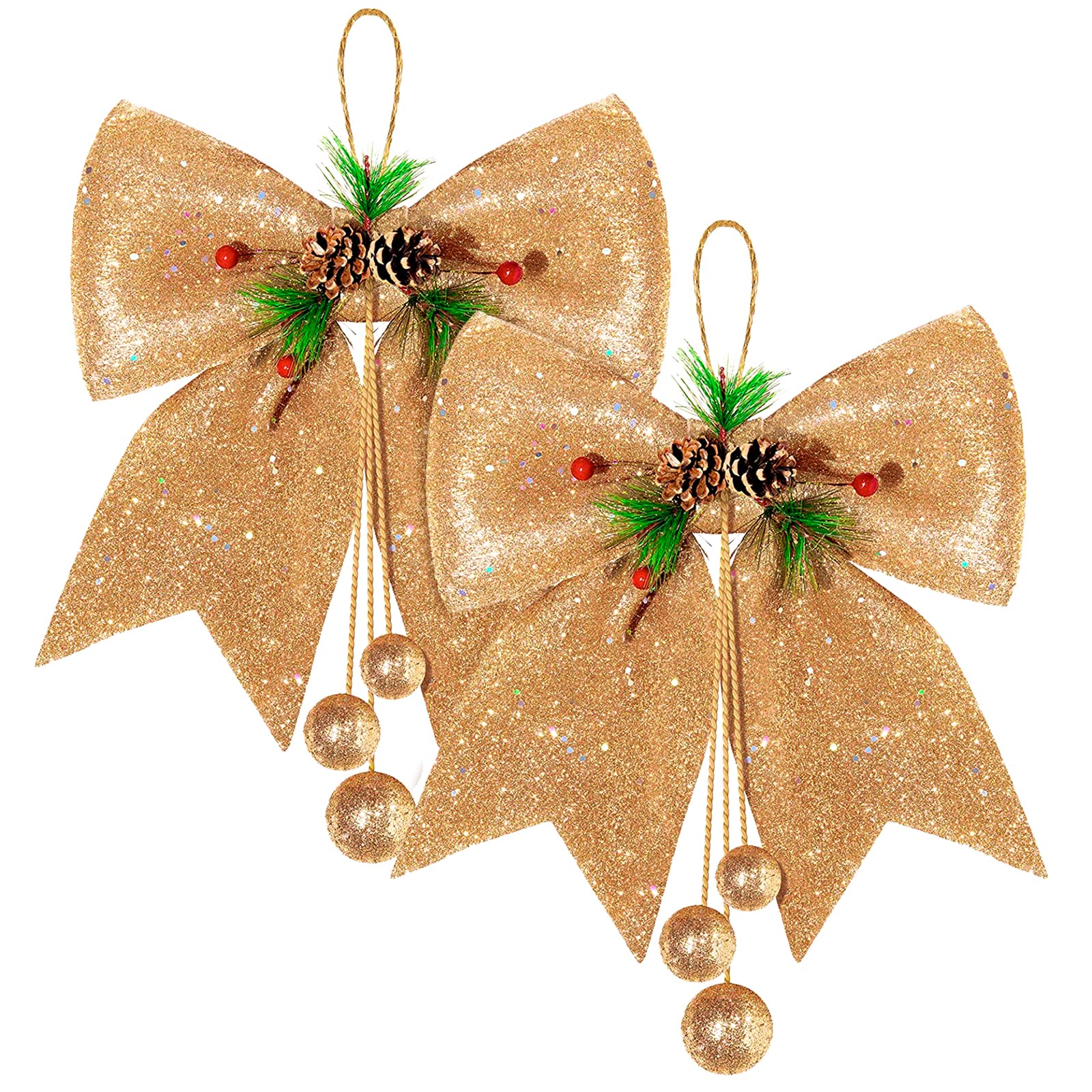 Whaline 2pcs Christmas Bow Decorations, Rose Gold Wreaths Bows, Large Christmas Tree Bow, Sequin Bow Ties, Xmas Decorative Bows Ornaments for Home Christmas Party, 9.8 x 11.8in