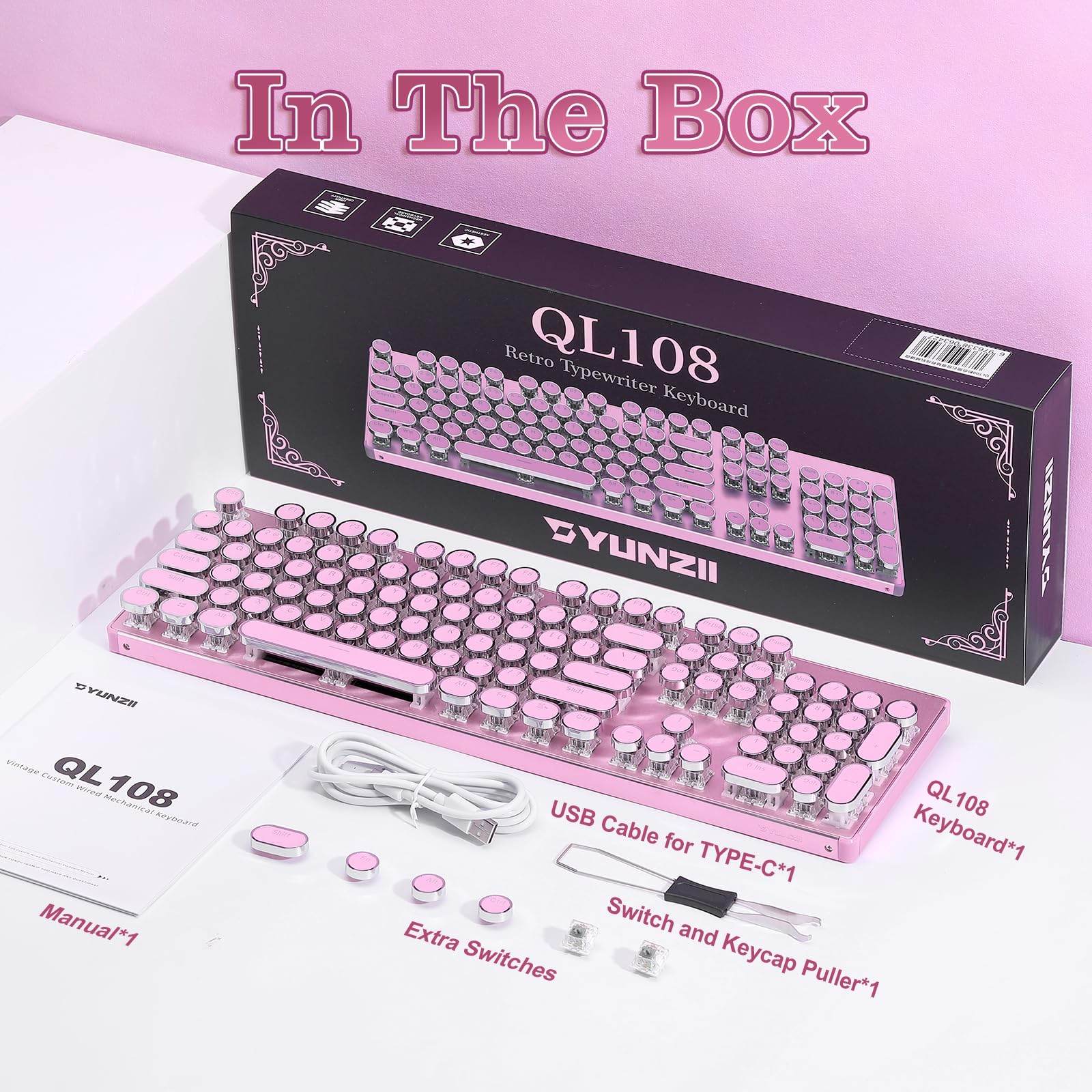 YUNZII QL108 Teclado Mecánico Retro con Cable para Gamer (Rosa, Onyx Gray) | 100 % Hot-Swap, Retroiluminación RGB, Panel Metálico de Estilo, US ANSI, Teclas Redondas para Windows/Mac