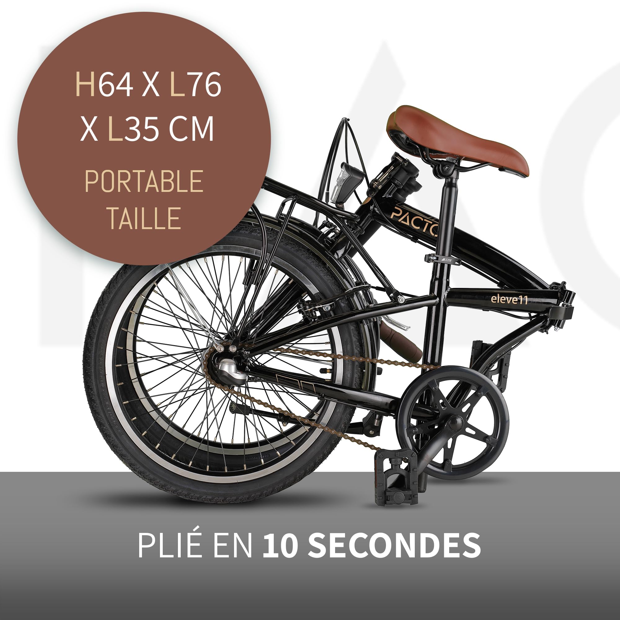 PACTO Eleven Vélo pliable de 20 pouces de haute qualité 27 cm Cadre en acier Shimano Nexus 3 vitesses, vélo de ville pliable facile à plier en 10 secondes, vélo pliable V-Brakes pliable