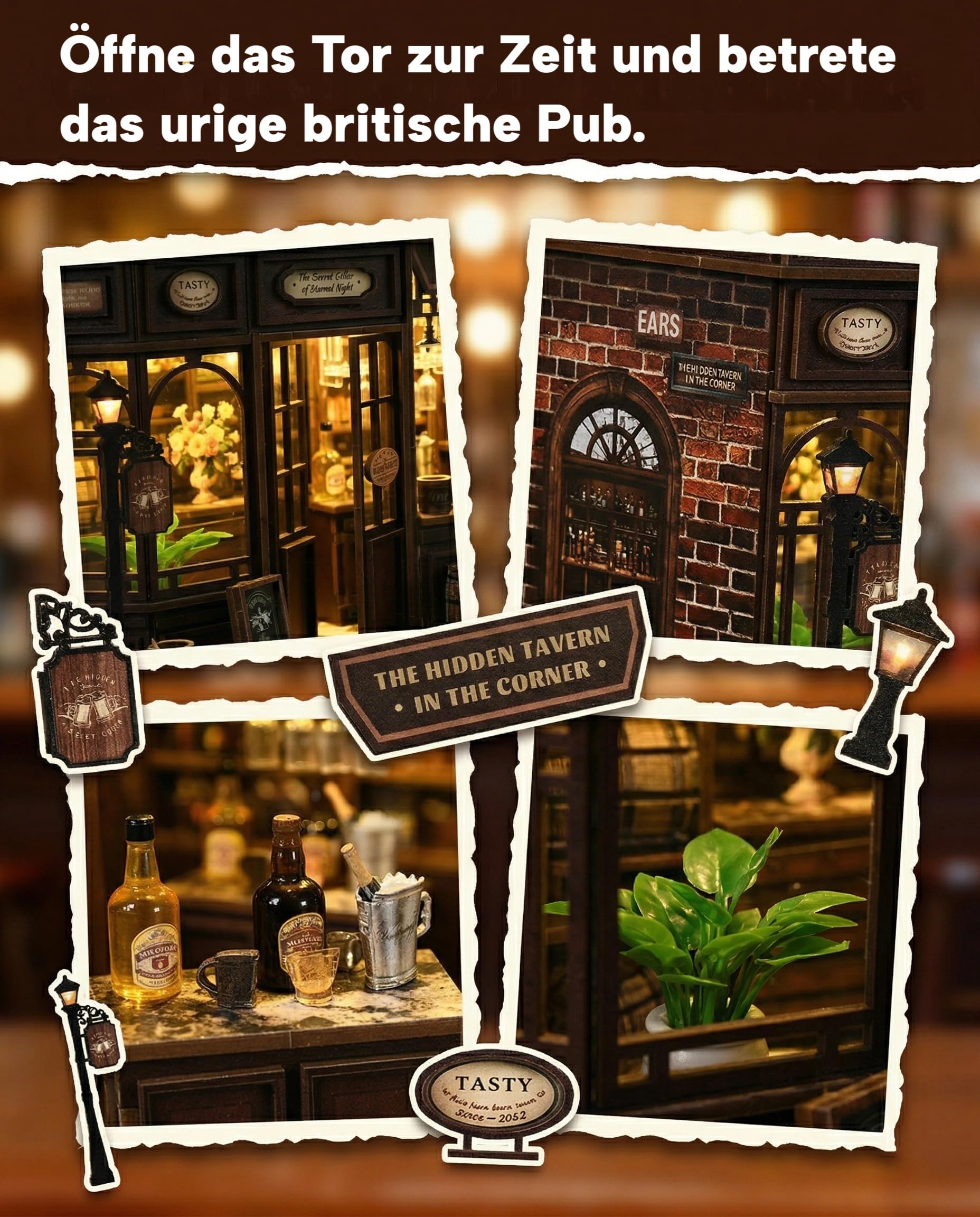 Book Nook Kit Taverne DIY Holz – 3D Puzzle Miniatur Haus mit LED Licht & Touch Sensor – Vintage Kneipe Bücherregal Deko & Buchstütze – Einsteigerfreundlich Geschenk für Erwachsene (Taverne)