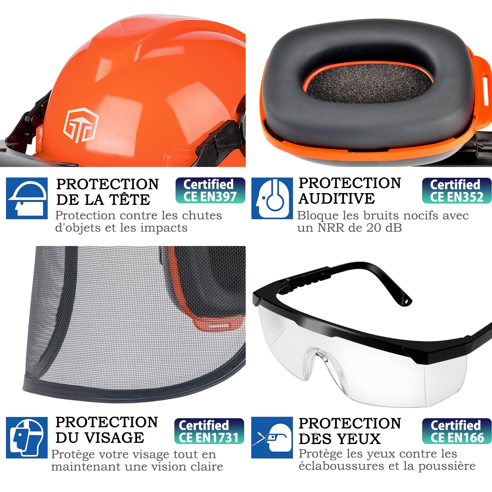 Casque de tronçonneuse avec protection faciale et cache-oreilles - Casque de sécurité pour tronçonneuse - Lunettes anti-buée amovibles