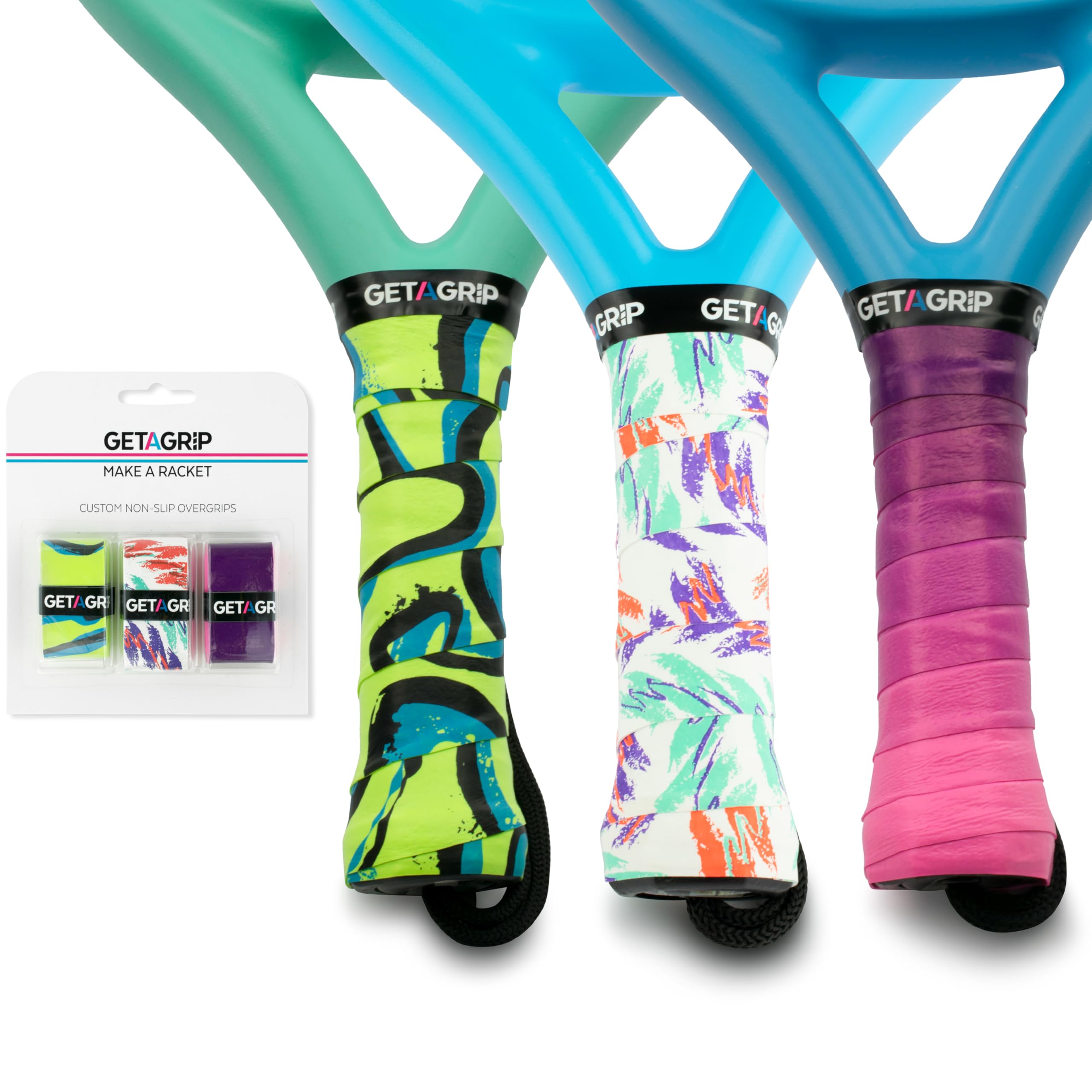 GET A GRIP - Custom Padel Racket Overgrips - Anti-Slip/Quick-Drying Padel Grip Tape - Precut Tennis & Squash Grip - Perfect Padel Gift (Real Deal Pack, 3 Grips (15% discount))