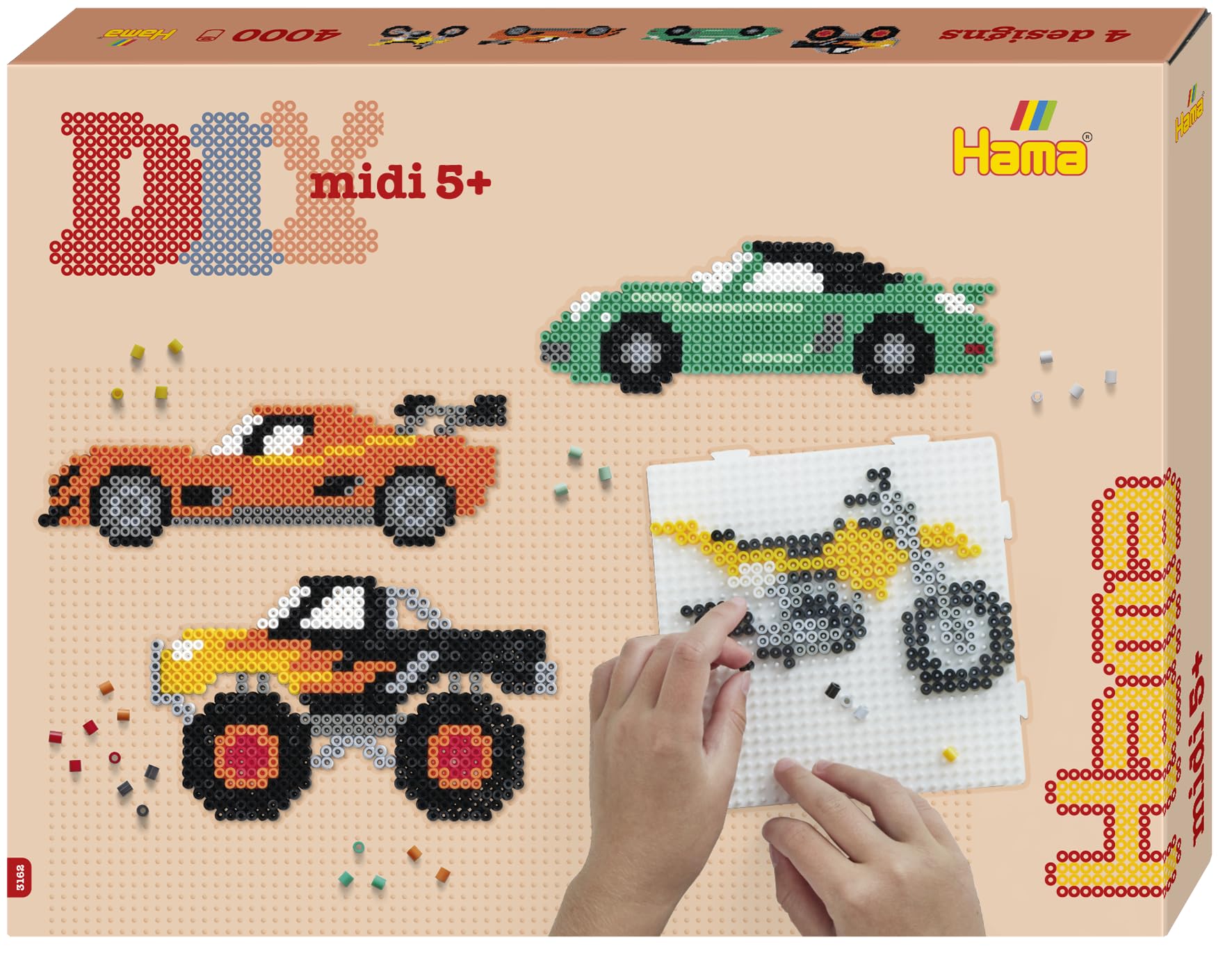 Hama Gift set - vehicles | approx. 4,000 beads, 2 large square perforated panels no. 234, coloured printed motif sheet, instructions (English language not guaranteed) and ironing paper