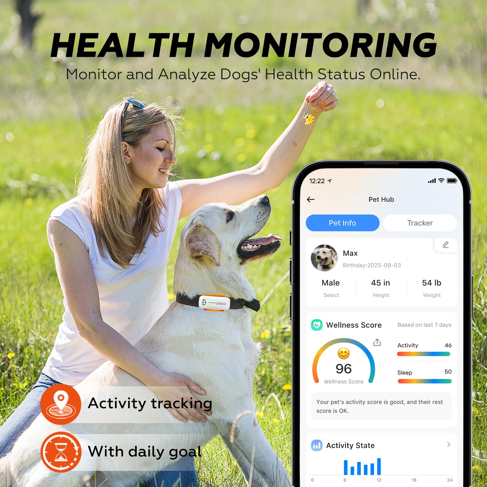 DBDD Smart GPS Dog Collar Tracker con recinto virtuale, monitoraggio live e segni vitali, per cani fino a 18 kg, impermeabile, per cani da 18 kg in su, compatibile con iOS e Android (bianco)