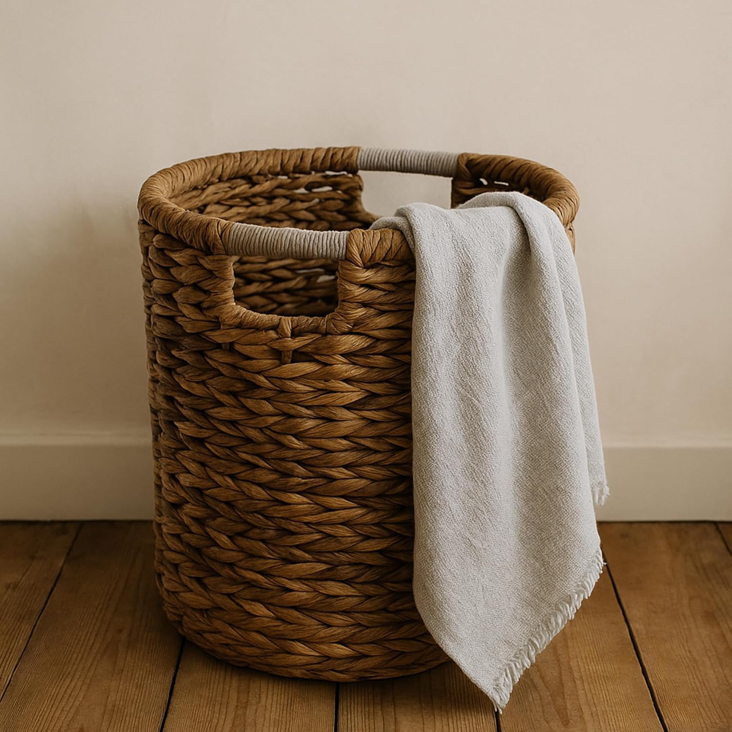 Round Wicker Rattan Basket with Cut-Out Macrame Handles – 16.5"Dia x 17"H Tall Handwoven Laundry Hamper for Towels, Blankets, Yoga Mats, Nursery Storage (White Wash)