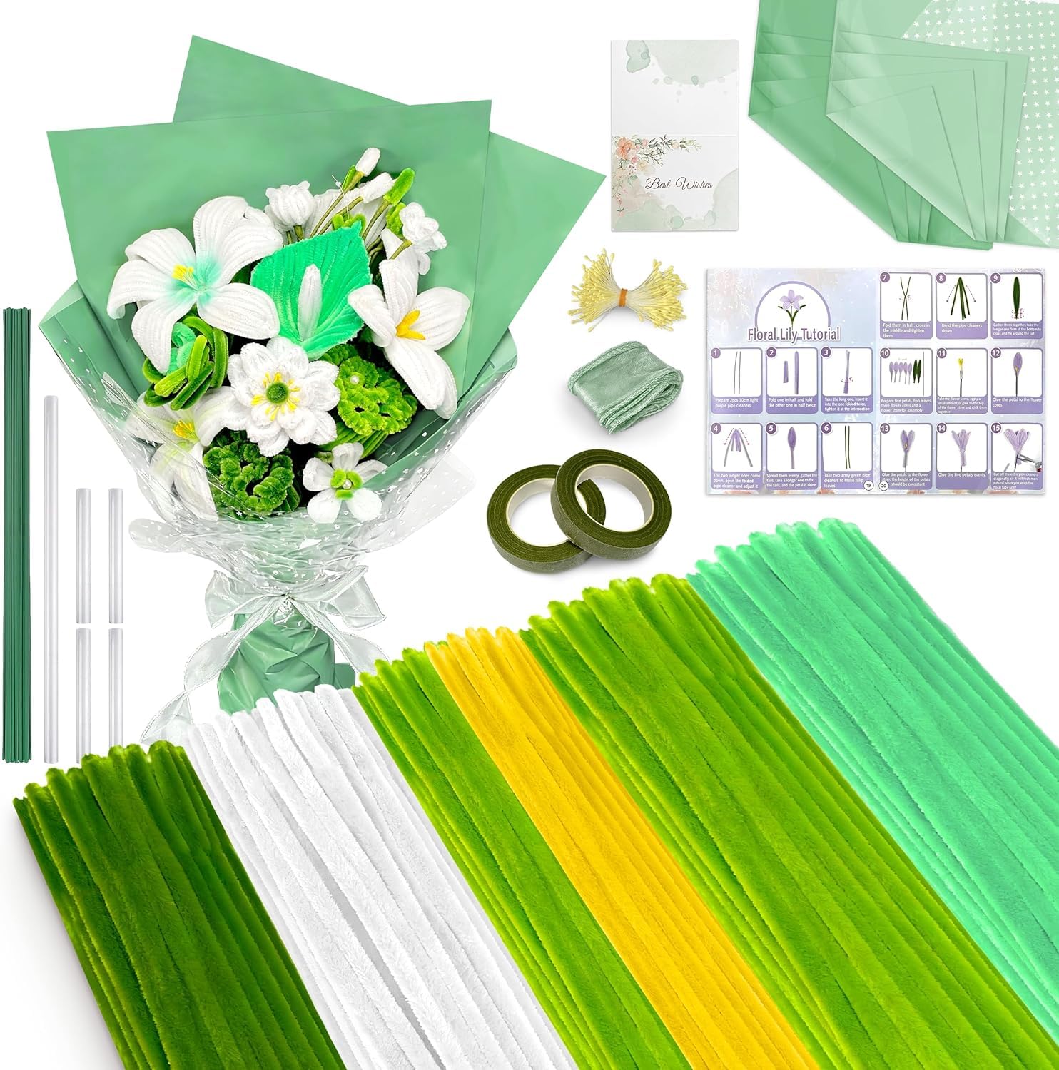 500 PCS Green Pipe Cleaners Craft Kit, 6 Colours 12inch x 6mm Chenille Stems for Flower Making, pipe cleaner flower kit with Floral Stems, Wrapping Paper, Stamens & Step-by-Step Instructions