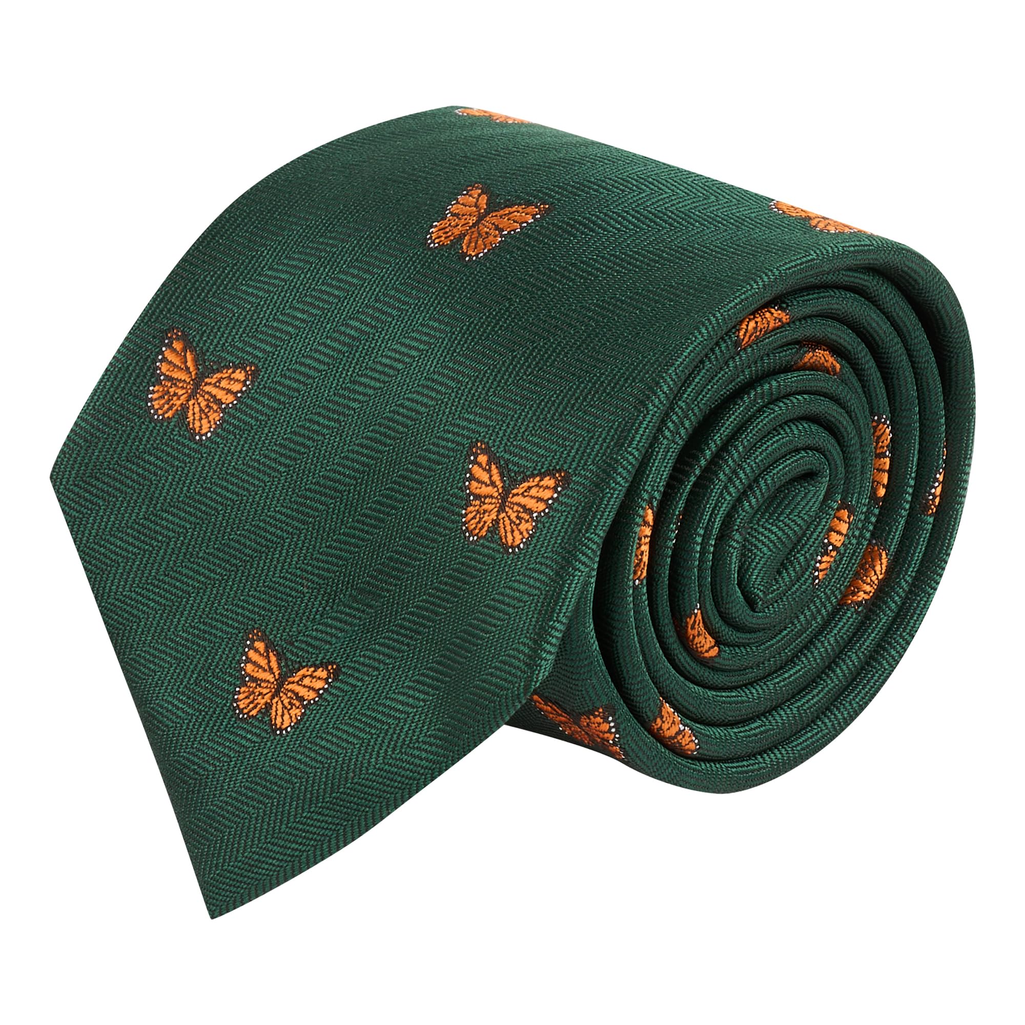 King & Priory Green Butterfly Dark Herringbone Embroidered Tie
