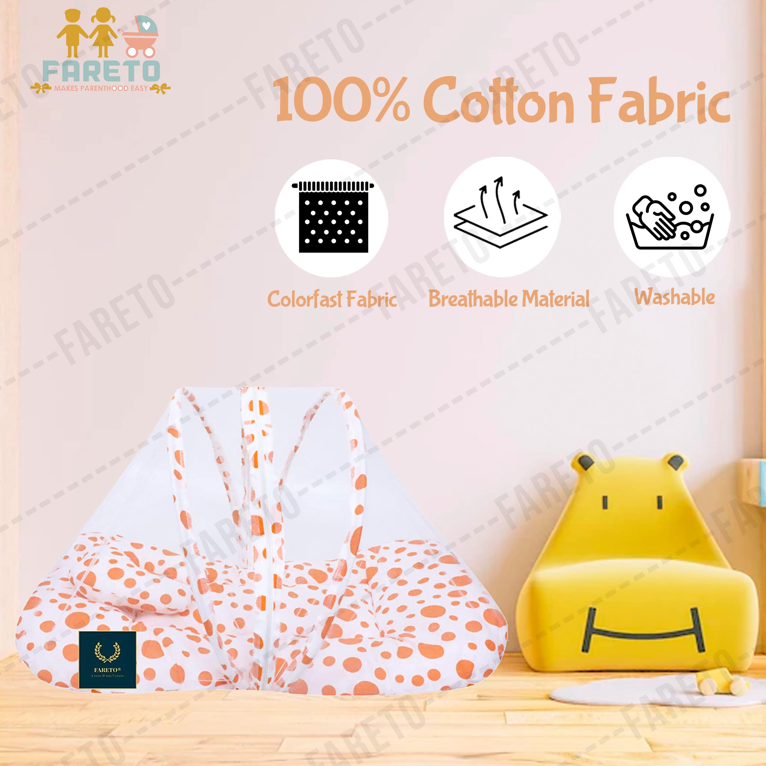 Fareto New Born Baby Mattress with Net (0-6 Months) (Orange) 3