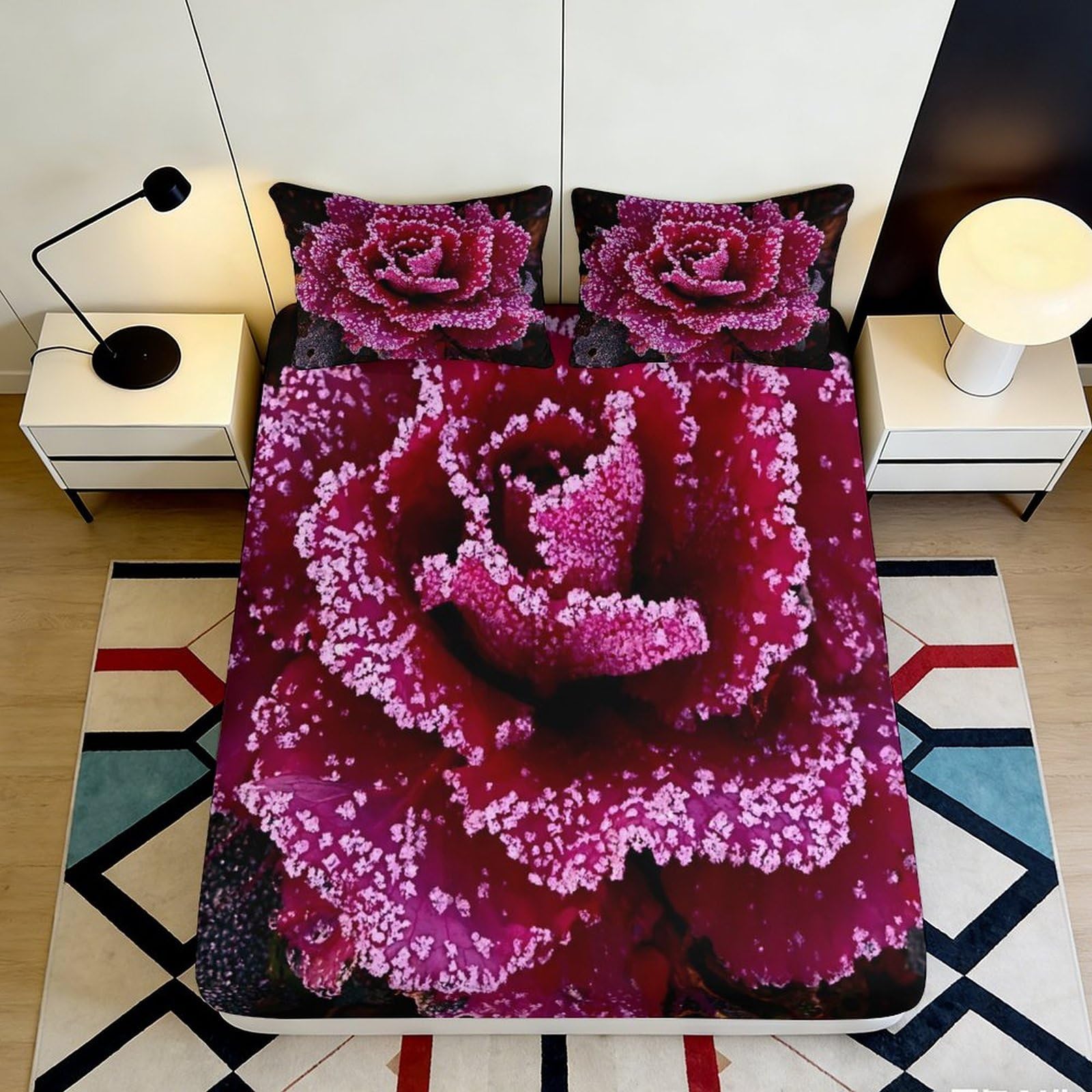 3D Printed Red Rose Floral Fitted Sheet Microfiber Mattress Cover for Bedroom Decor, Non-slip, Machine Washable, Dustproof 140x200x25cm