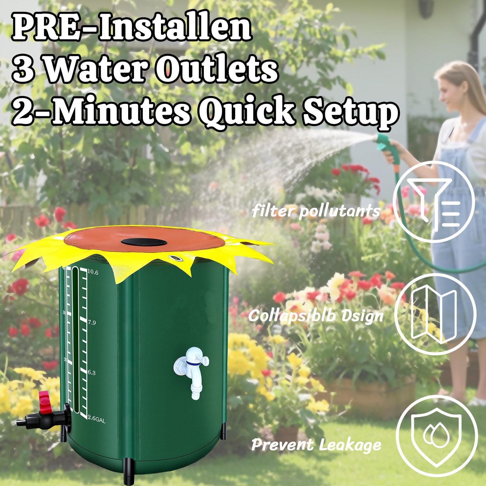 Sistema de barril plegable de recogida de agua de lluvia de 26 galones, solución eficiente de recolección de agua de lluvia con espiga, kit de soporte para tanque de captación, contenedores de