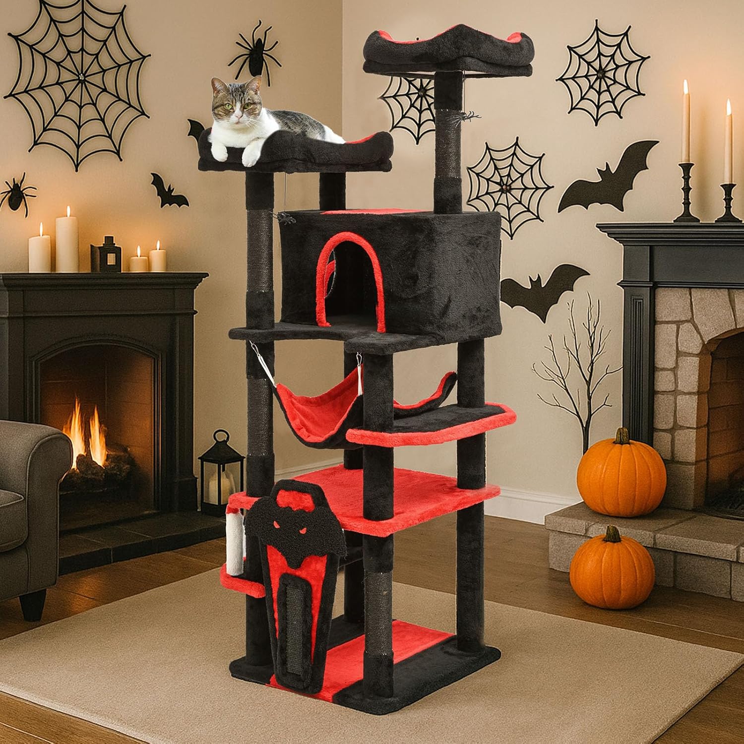 BYBYME Gothic Cat Tree for Halloween, 62in Tall Sturdy Furniture Set with Bed House, Hanging Toy, Scratching Board Sisal-Covered Posts, Multifunctional Cat Play Tower with Hammock（Black Red）