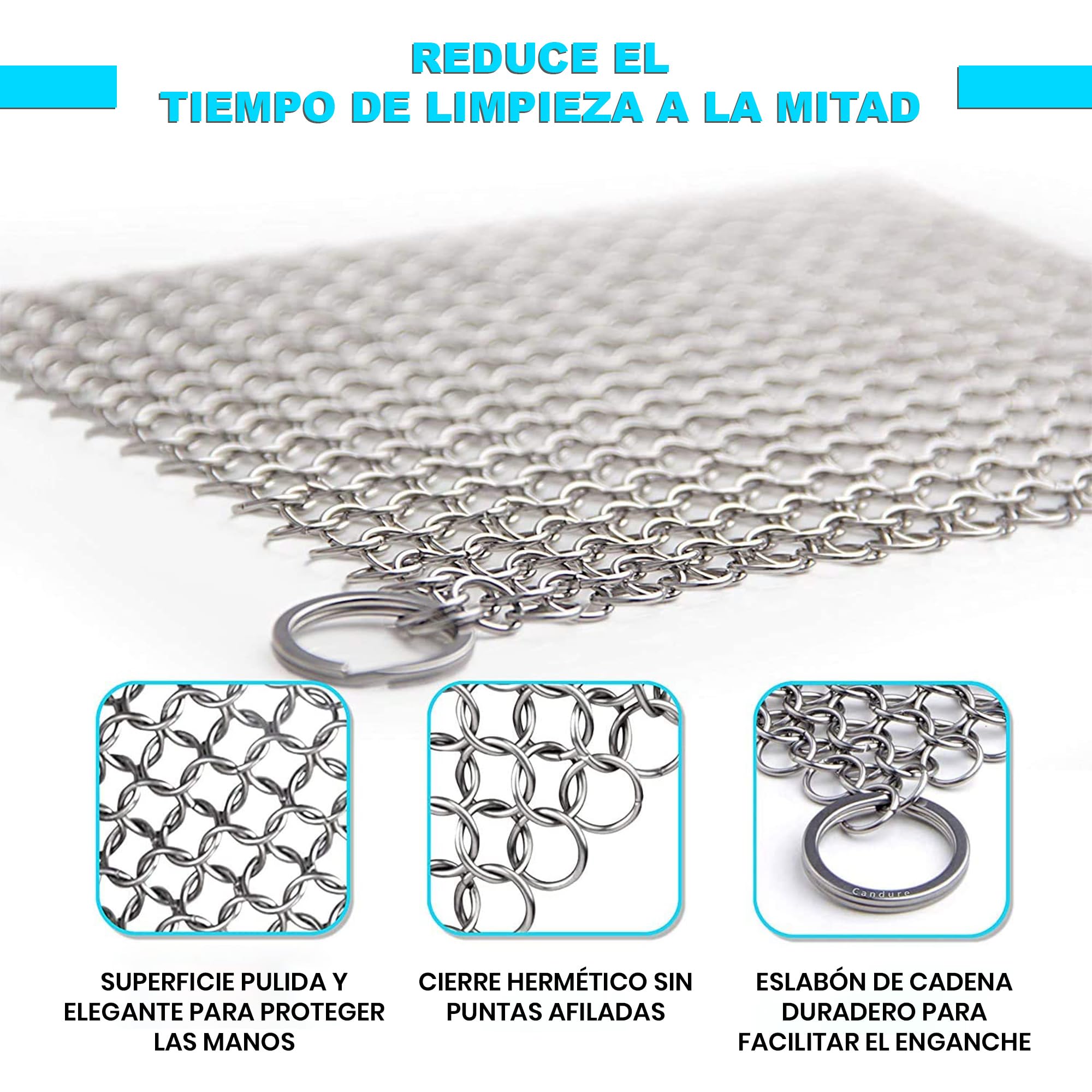 Candure Limpiador de Hierro Fundido - Acero Inoxidable de 17 x 17 cm Depurador de COTA de Malla para Todo Tipo de Parrillas, Sartenes, Parrillas y Hornos Holandeses — view 4