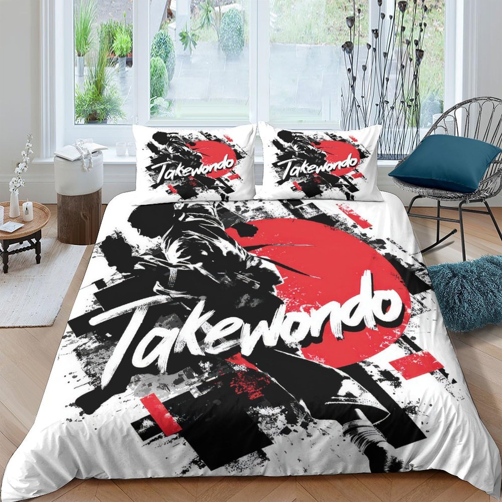 Ctjqhvkz Style-8 3D Printed Taekwondo Art Fitted Sheet Microfiber Soft Black Red Brushstroke Bed Cover For Bedroom Dorm Mattress Decor Single（135X200cm）