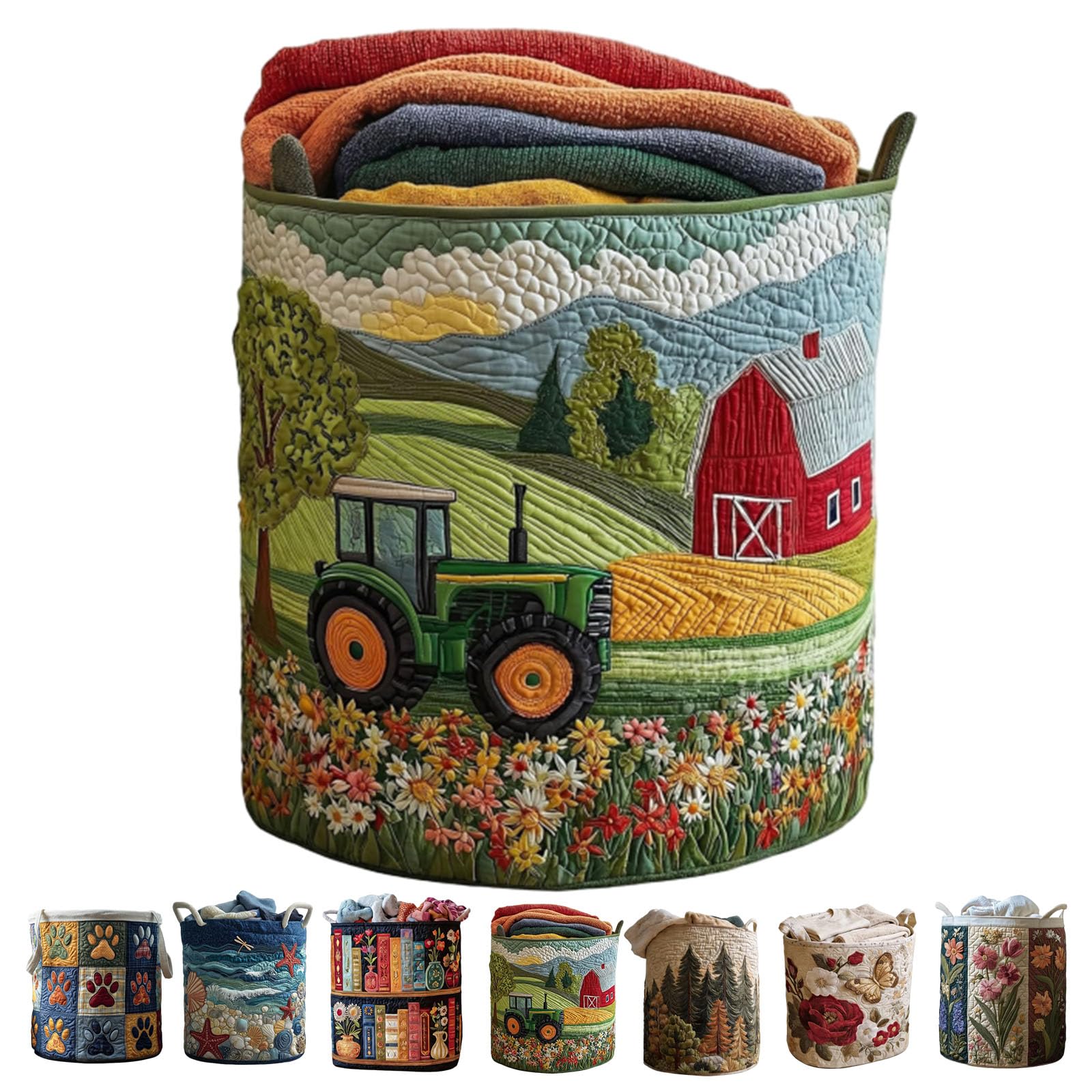 Large Quilted Laundry Basket Foldable Laundry Hamper with Handles Cute Boho Quilted Storage Basket, Quilted Laundry Basket Boho Fabric Floral Storage Hamper for Clothes Toys