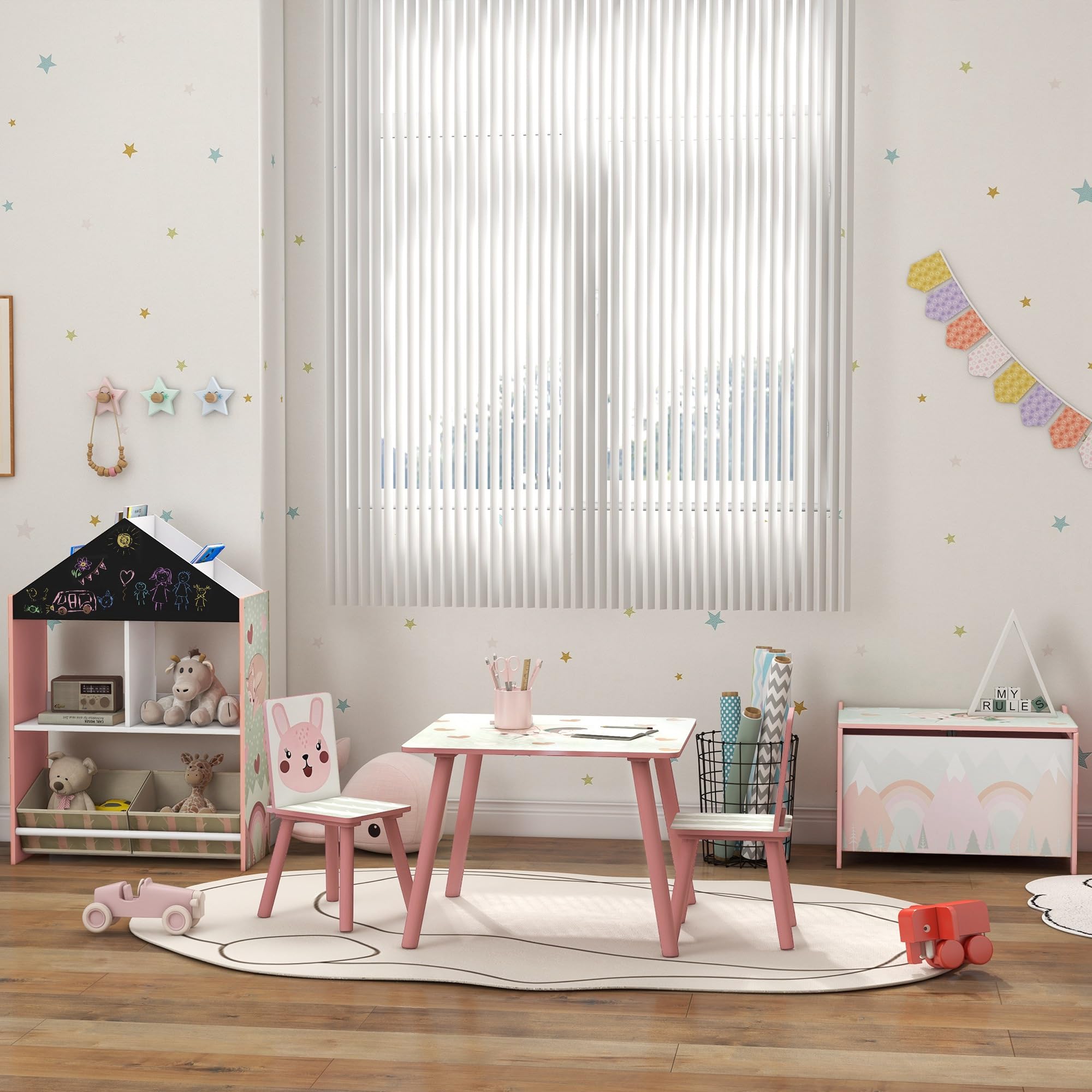 ZONEKIZ Set 3 Pezzi con Tavolo e 2 Sedie per Bambini da 3-8 Anni in MDF e Legno di Pino, Tavolino per Bambini e Seggiole con Disegni di Animali, Rosa