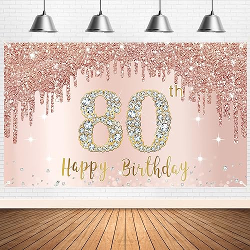 Miniatura 75 de Cartel de feliz cumpleaños número 100 para mujer, decoración de fondo de oro rosa para fiesta de cumpleaños número 100, póster rosa de cumpleaños