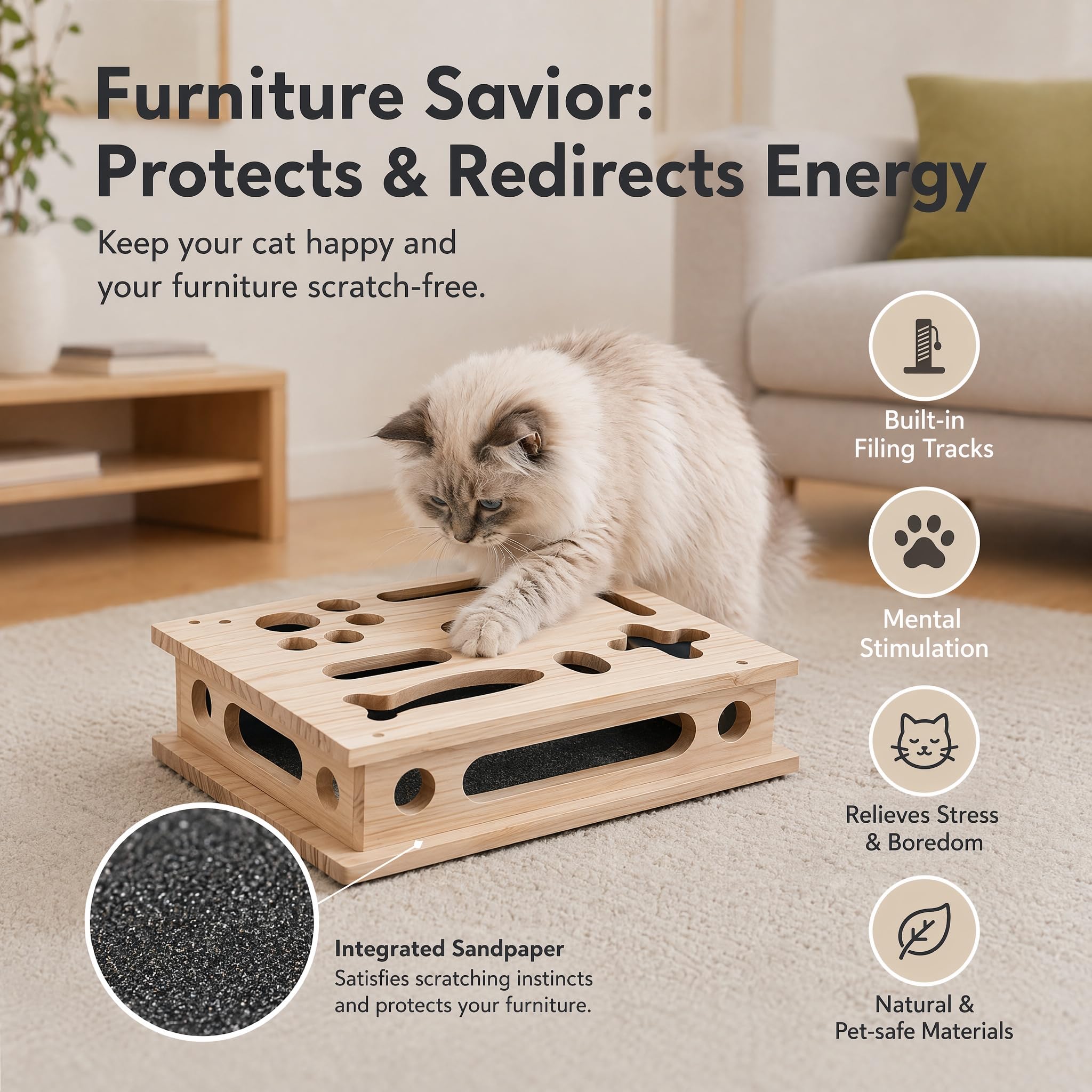 Kratzspielzeug Katzen mit Sandpapier, Interaktives Katzenspielzeug Cat Nail File Box, Holz Kratzbrett Selbstbeschäftigung Krallenpflege