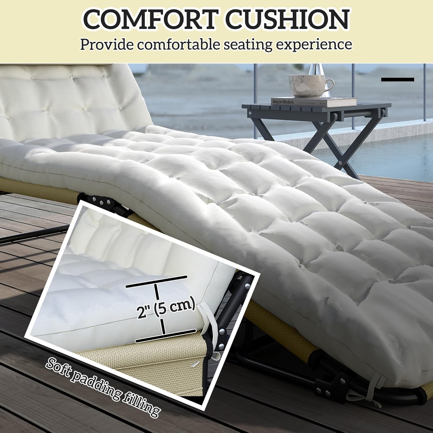 Outsunny Folding Lounge Chair with 4-Level Reclining Back, Outdoor Tanning Chair with Cushion, Sun Lounger with Breathable Mesh Fabric, Side Pocket, Headrest, Beige - Image 6