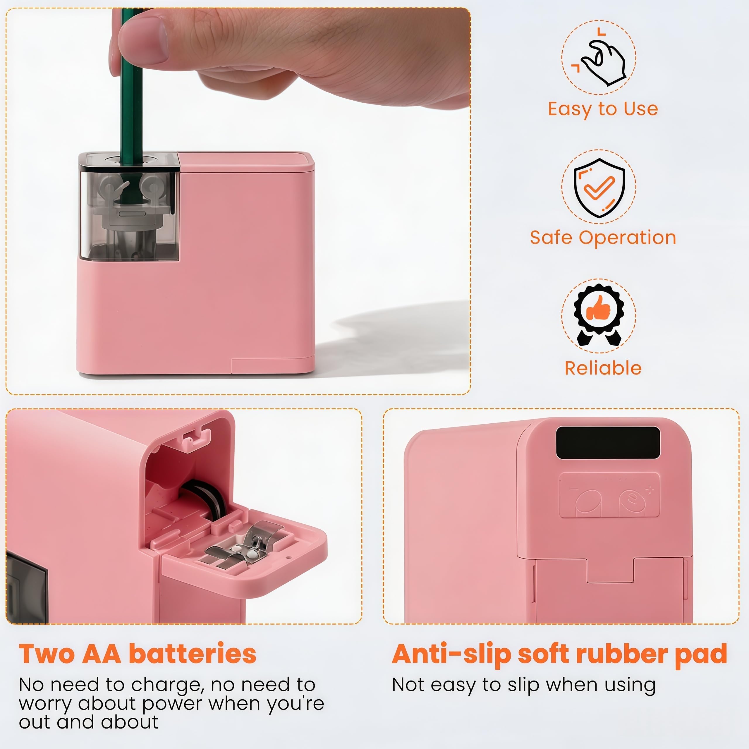 Temperamatite elettrico con batteria, alimentato a batteria, per matite colorate, temperamatite portatile, due lame di ricambio per matite da 6-8 mm, per ufficio, casa, scuola (rosa)