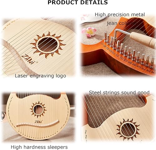 Miniatura 5 de Arpa de lira 19 cuerdas de metal caoba abeto helio patrón clásico regalos para aficionados y principiantes con bolsa de concierto (madera natural)