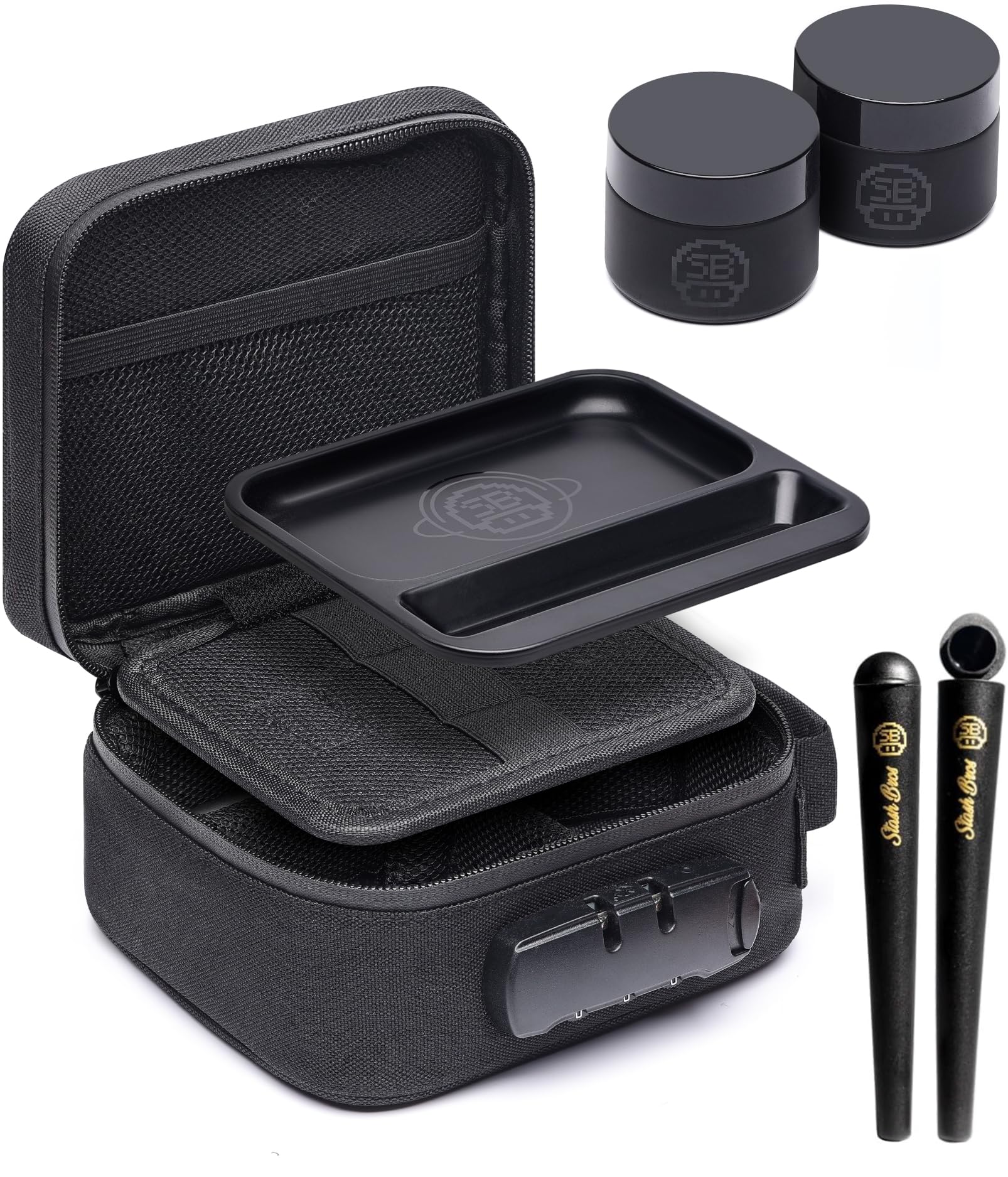 Stash Bros Smell Proof Bag with Magnetic Rolling Tray | Smell Proof Container Stash Box with Modular Docking System & Accessories