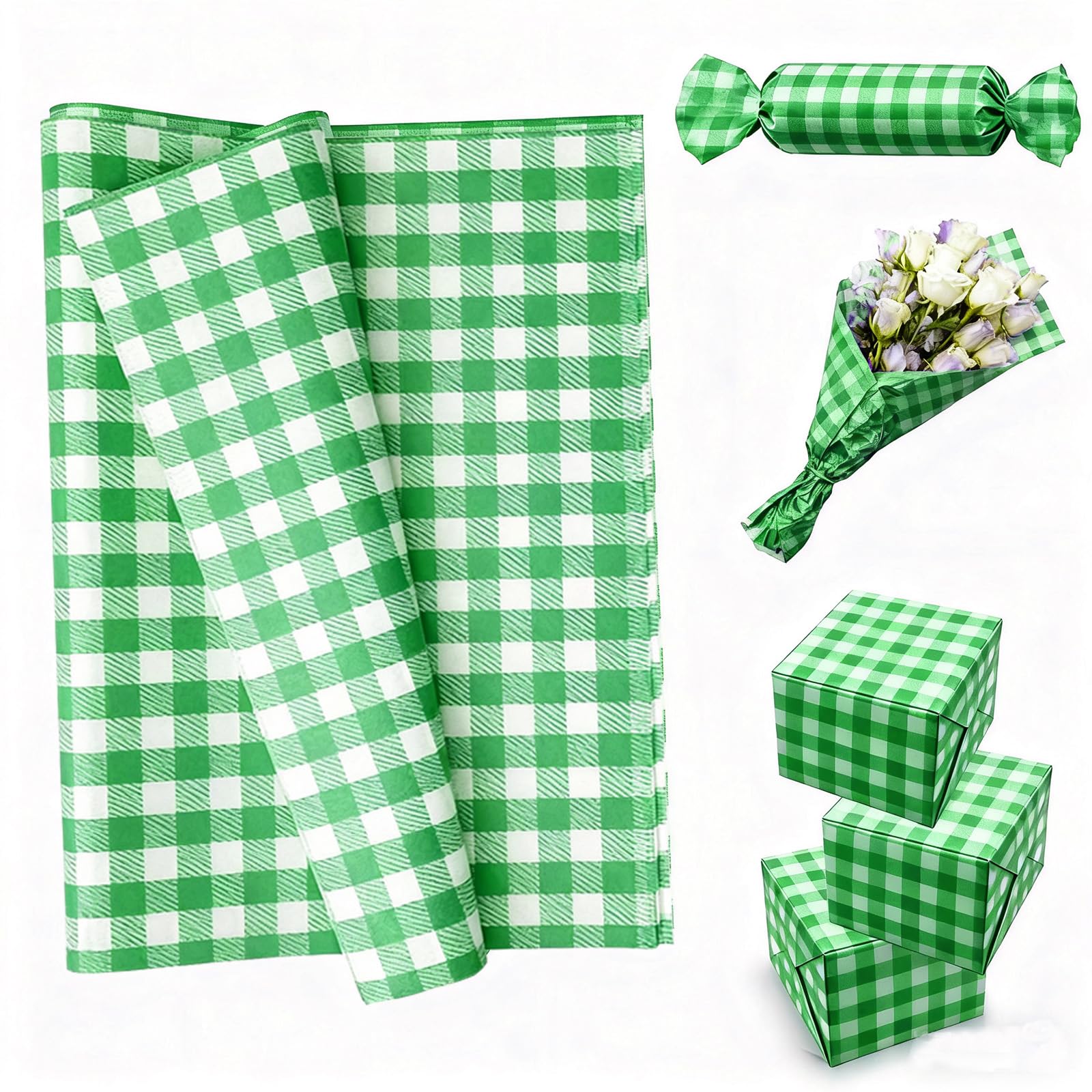 50 Sheets Green Gingham Tissue Paper for Gift Wrapping, 35x50cm Tissue Paper Bulk for Gift Bags, Gift Packing Paper Wrapping Paper Sheets for Crafts DIY Art Wedding Birthday Baby Shower Party Favor