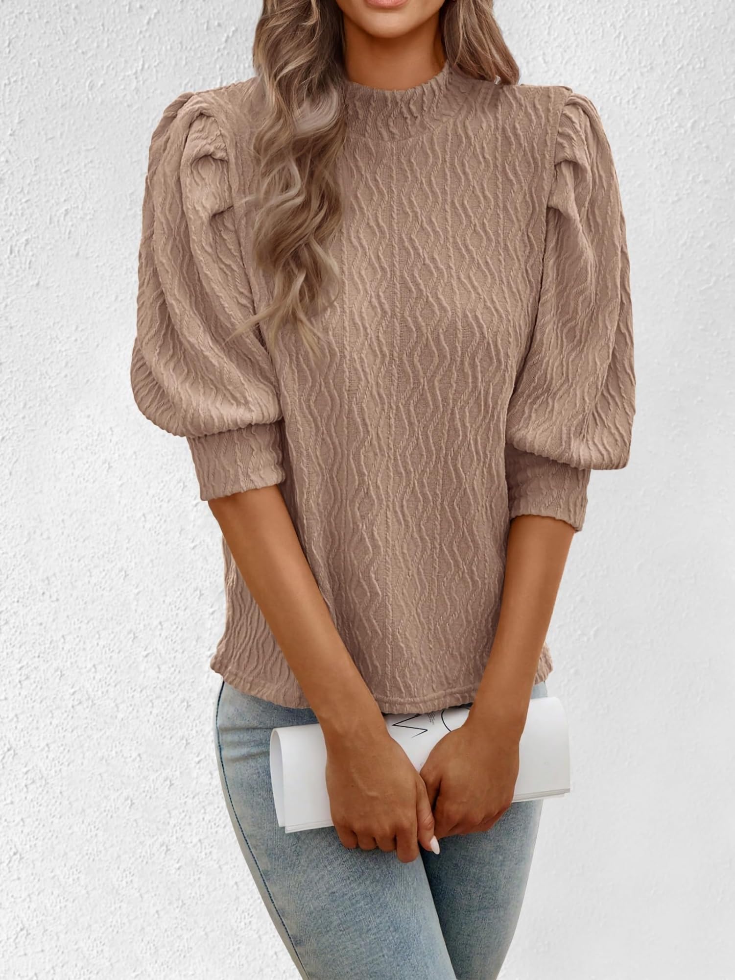Top con Maniche da Donna, Elegante, Casual, con Collo a Lupetto, Camicetta a Sbuffo, Abiti da Lavoro in Maglia