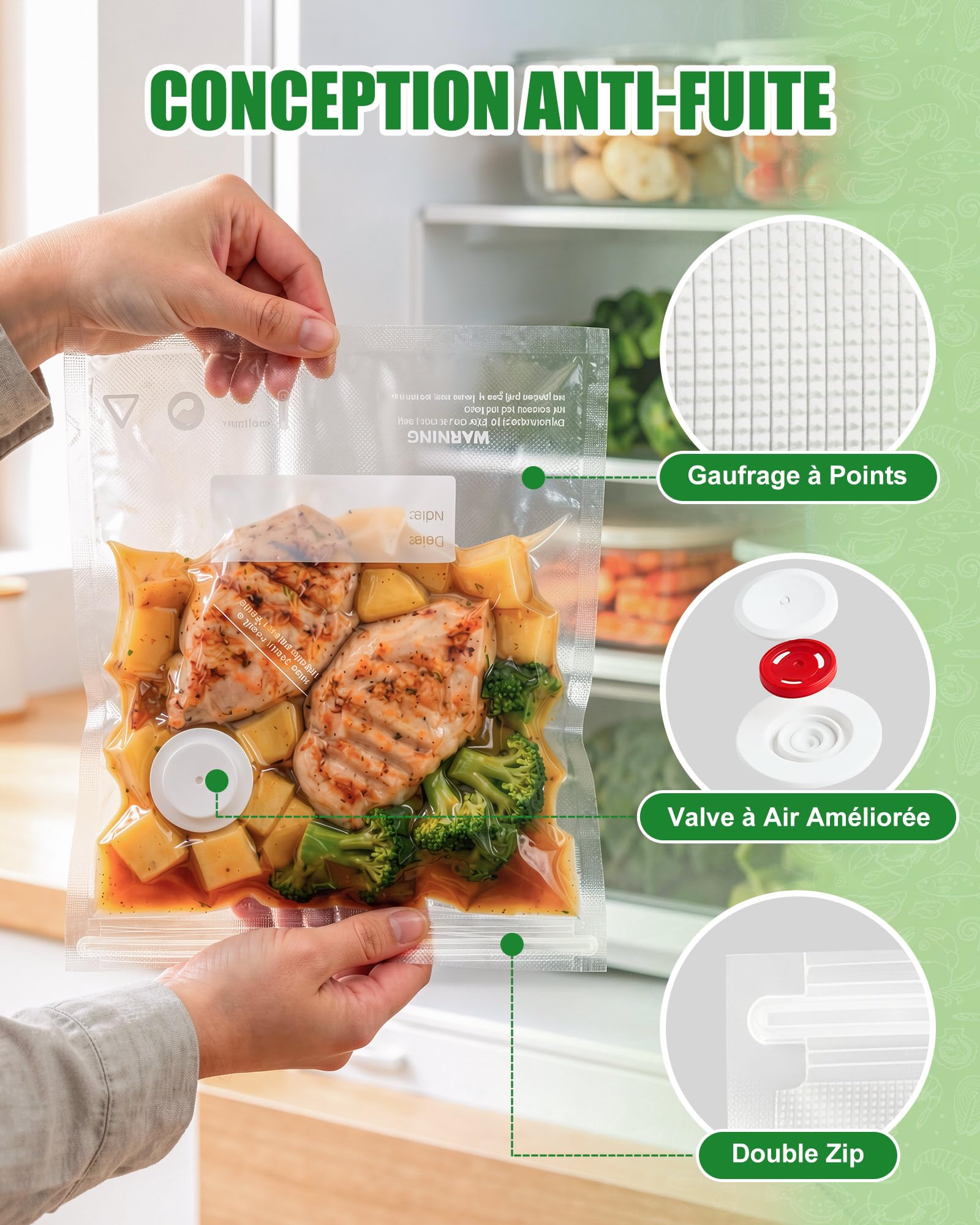 Babacom 30 Pcs Sac Sous Vide Alimentaire Réutilisable avec Valve d’Air & 10 Pinces – Moyen (26 x 28 cm), Sachet Congelation Sans BPA, pour Conservation des Aliments, Micro-ondes, Cuisson Sous Vide | Pour Machine à Tuyau, Pour Portatives, Triple Anti-Fuite, Lave-Vaisselle, Anti-Perforation, Double Zip - 4