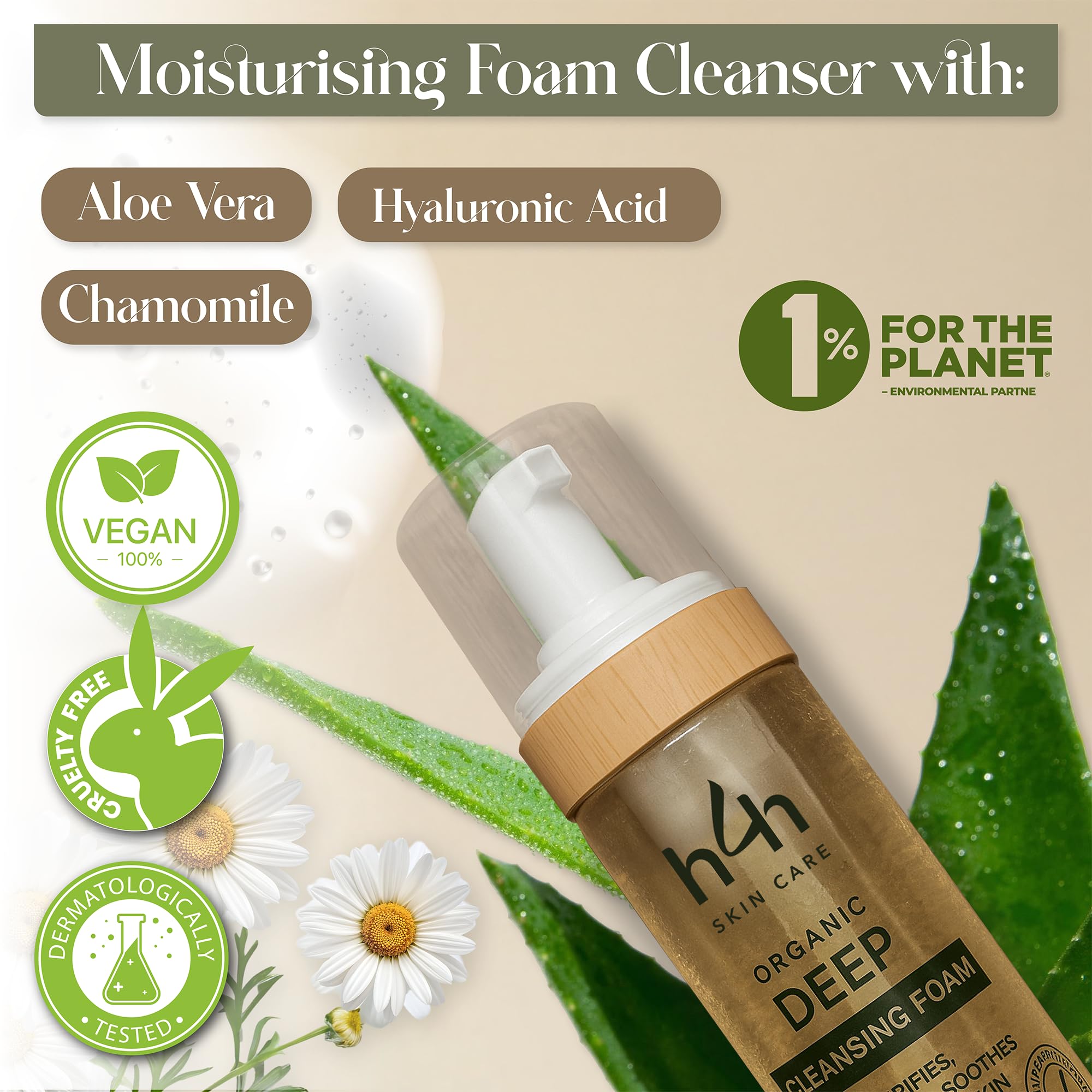 Espuma limpiadora facial orgánica – Limpieza facial suave para pieles sensibles – Con aloe vera, ácido hialurónico y manzanilla – Limpiador de espuma hidratante – Vegano y sin perfume – 150 ml