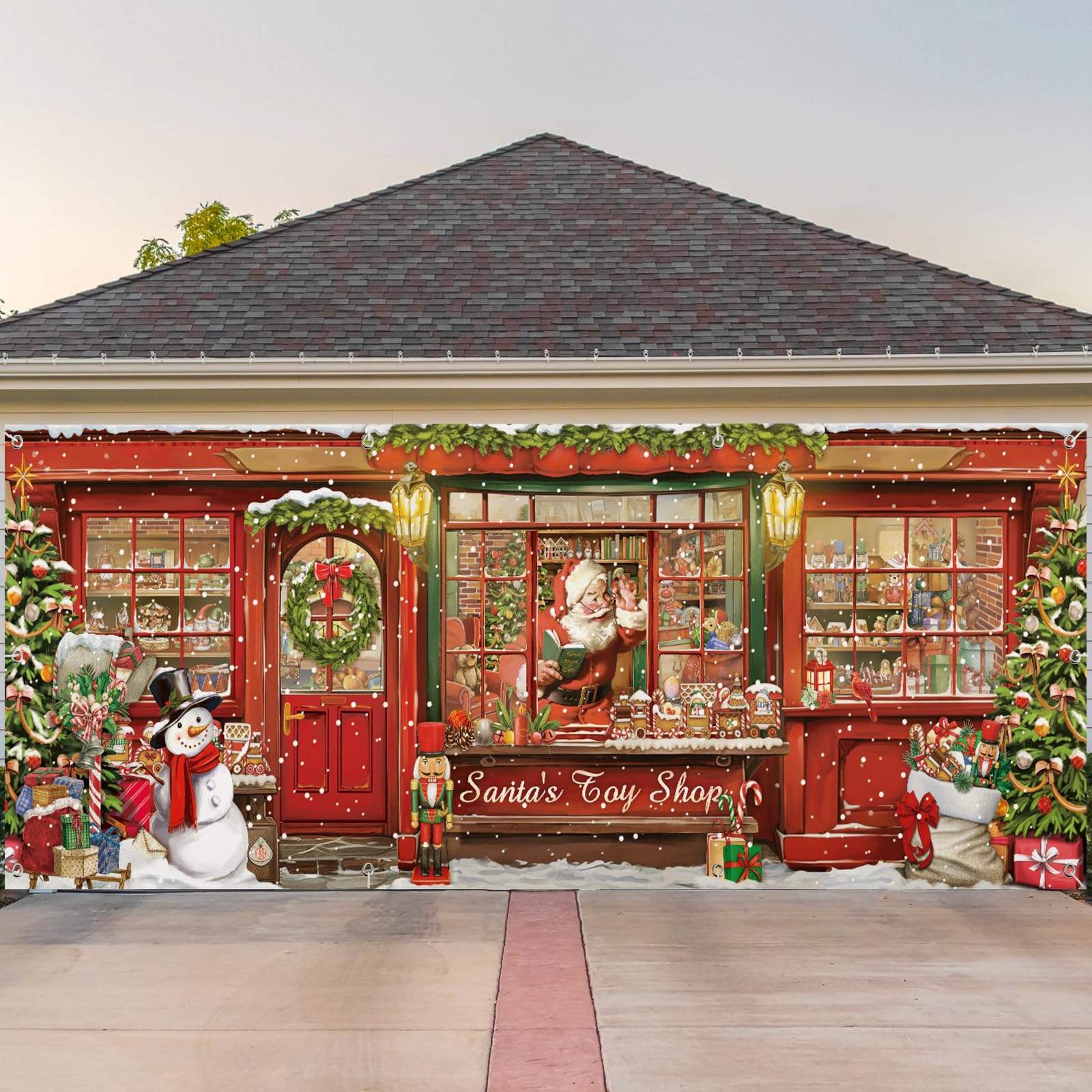 Wovweave Christmas Garage Door Banners Santa's Toy Shop Garage Outdoor