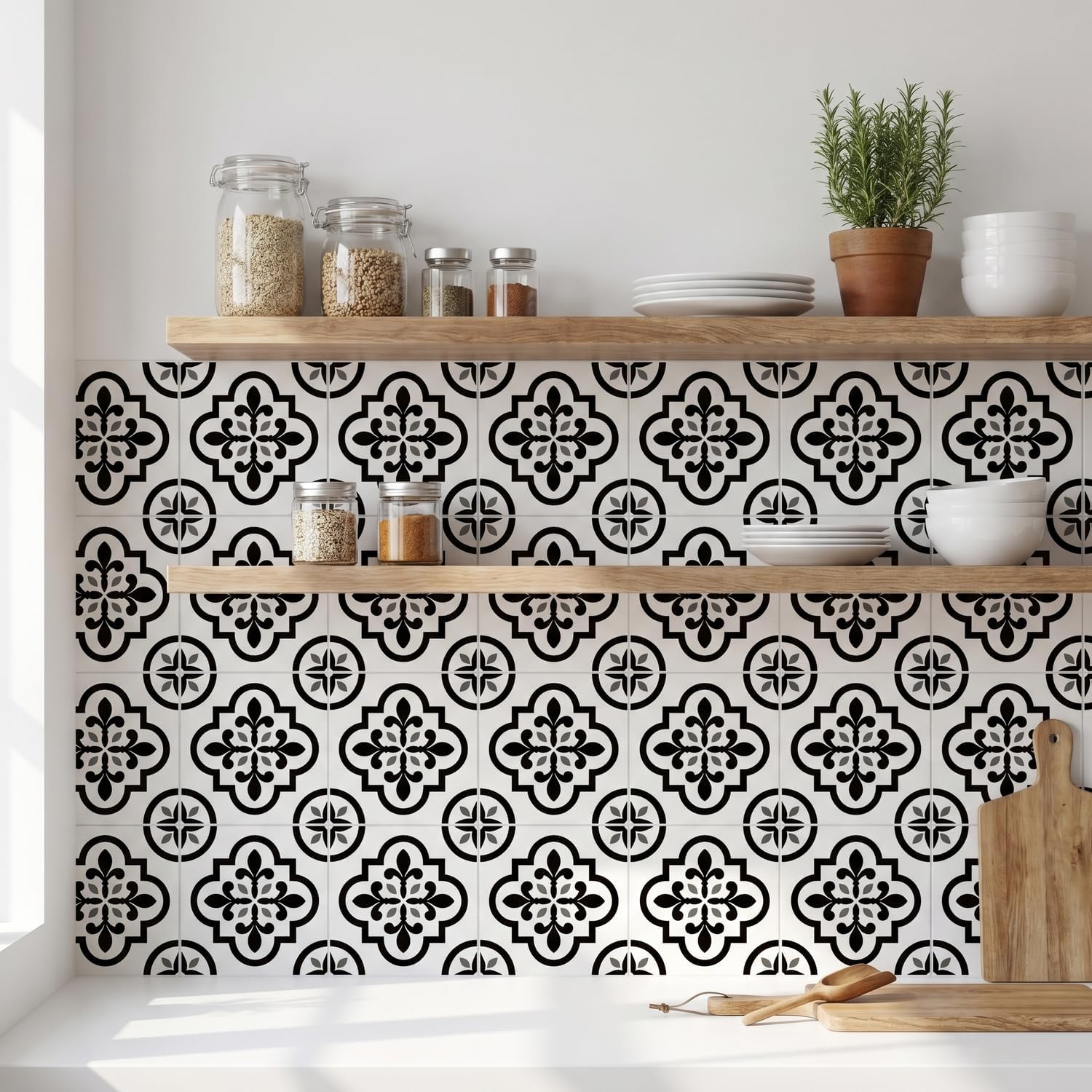 16 Pack, 5.9 Inch Black and White Peel and Stick Tiles, Removable Victorian Vinyl Decals for Backsplash, Stairs, & Furniture