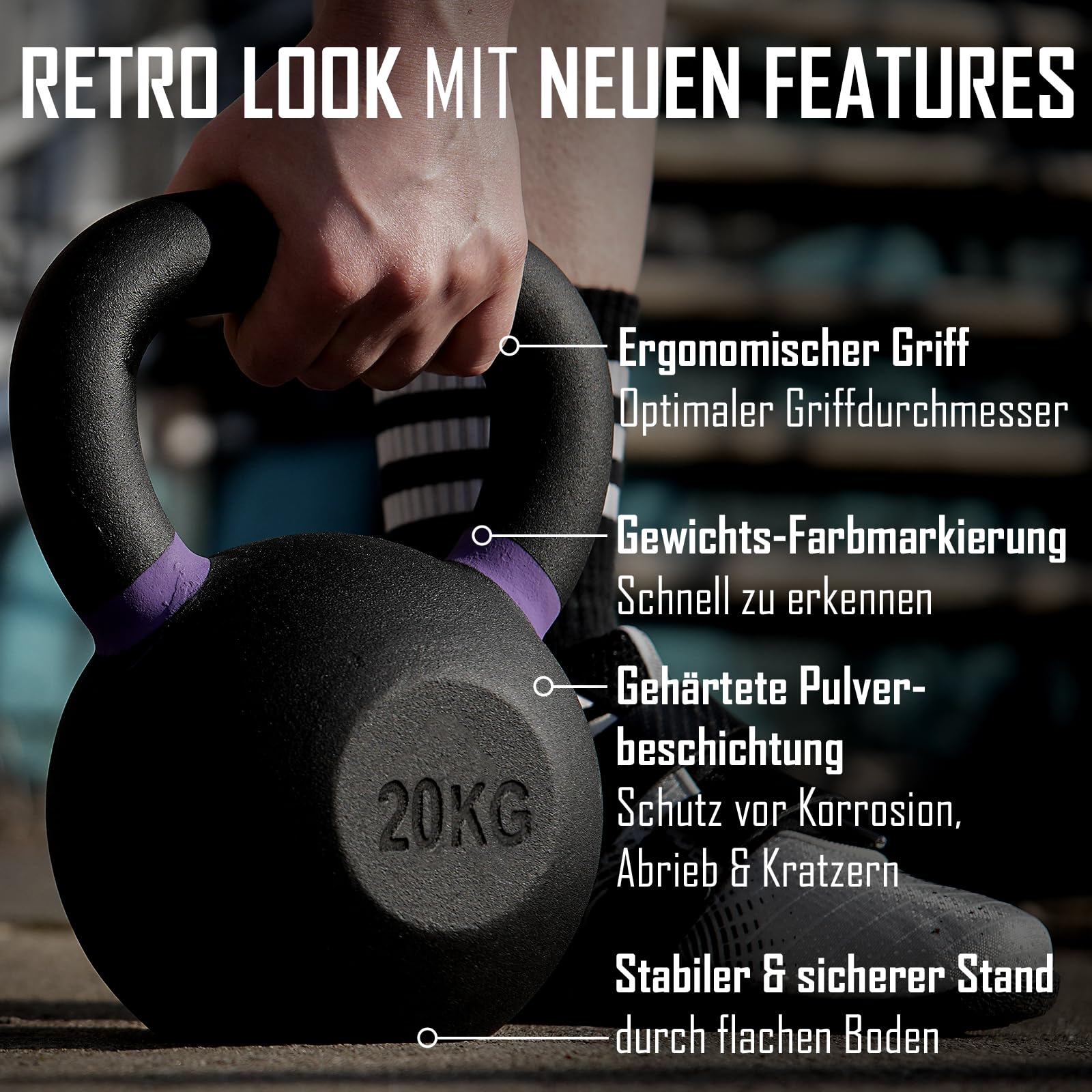 Strength Shop Kettlebell Gusseisen mit ergonomischem Griff (4kg - 64kg), Extrem Robust & Langlebig, Kugelhantel mit Gewichts-Farbmarkierung & Schwarzpulver-Beschichtung, ideal für Ganzkörpertraining