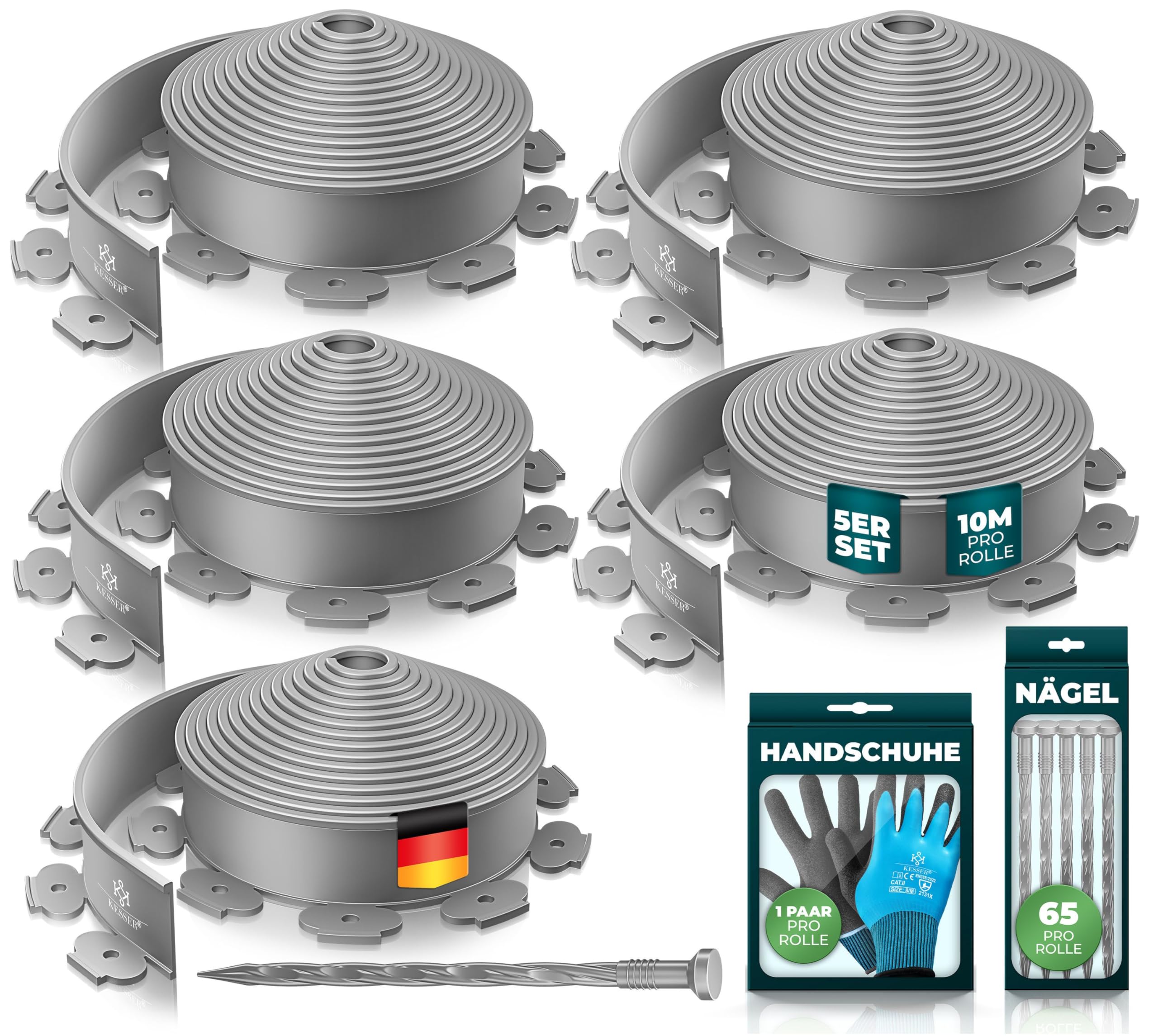 KESSER® Flexible Rasenkante aus Kunststoff Länge 50m Höhe 5cm, mit 325 Erdanker + 5 Paar Handschuhe Beeteinfassung Beetumrandung Beetbegrenzung Mähkante Pflastersteine Palisade - Grau