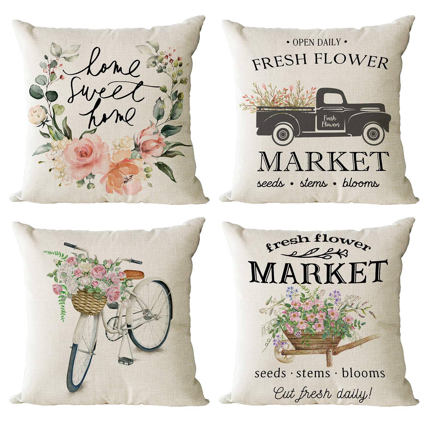 YeeJu Set of 4 Spring Market Decorative Throw Pillow Covers Farmhouse Floral Square Cotton Linen Cushion Covers Outdoor Couch Sofa Home Truck Bicycle